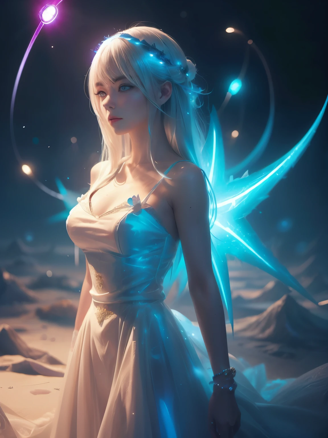 ((upper body)), best quality, masterpiece, a Japanese woman with ((Luminescence white hair)), ((detailed pearl blue eye)), high detailed goddess soul, focus on character, solo, (style swirl magic), solo, from front, front view, looking at viewer, detailed face, ((Luminescence Lighting Magic Circle theme)), perched on a ledge, tight neon body, light streaks, dark abyssal wanderer abstract, ((Simple Luminescence Neon Gown)), inscribed with mystical runes, outdoor dystopian background,