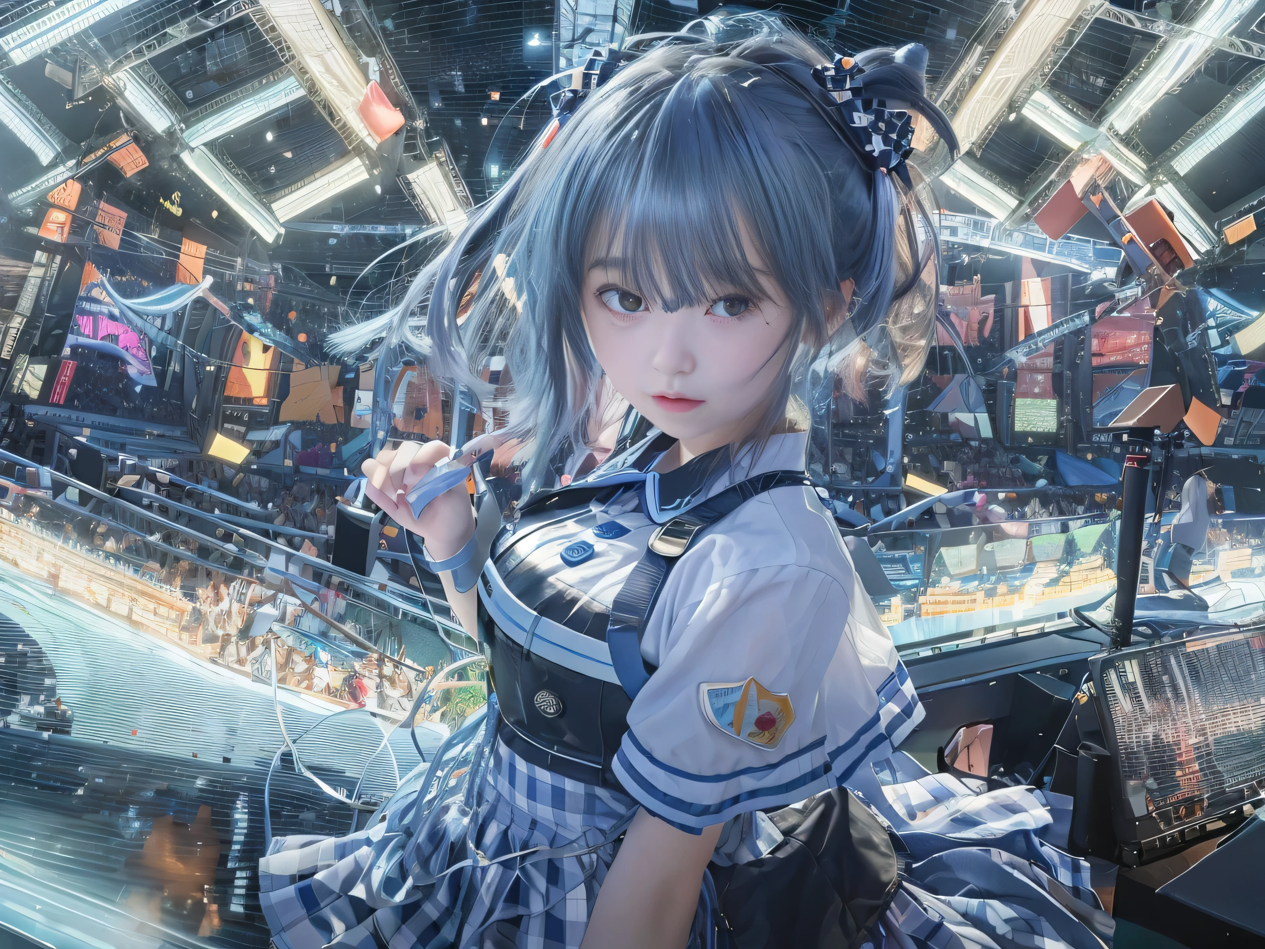 (((RAW image quality:1.4))), 3D, Detailed CG footage,(table top:1.3),(highest quality:1.2),8k,absurd,unity 8k wallpaper,(very detailed:1.3),first class,realistic, blurred background, blurred foreground, ((3 girls:1.4)),,Japanese,black haired,(Beautiful moisturized eyes shining blue:1.4),(long ribbon hair ornament:1.1),(neon light:1.1),(Cute idol white uniform),(Contains a check pattern:1.1),frown,(dynamic Pose:1.1),(floating hair:1.2),(nffsw:1.2),(psychedelic:1.2),dynamic Pose,(electric wire:1.1),(light:1.2),abdomen,stage,(music:1.2),cable,神のlight,(indoor:1.2),From the side,(musical instrument:0.7),fanaticism,Passionate,full of energy,That's horrible,To be paralysed,cheer up,dynamic,thrilling,explosives,Be excited,(a large crowd gathers:1.2),light,,neon light,(music:1.1),look at the audience,big breasts,big breasts thin waist, biologically correct,