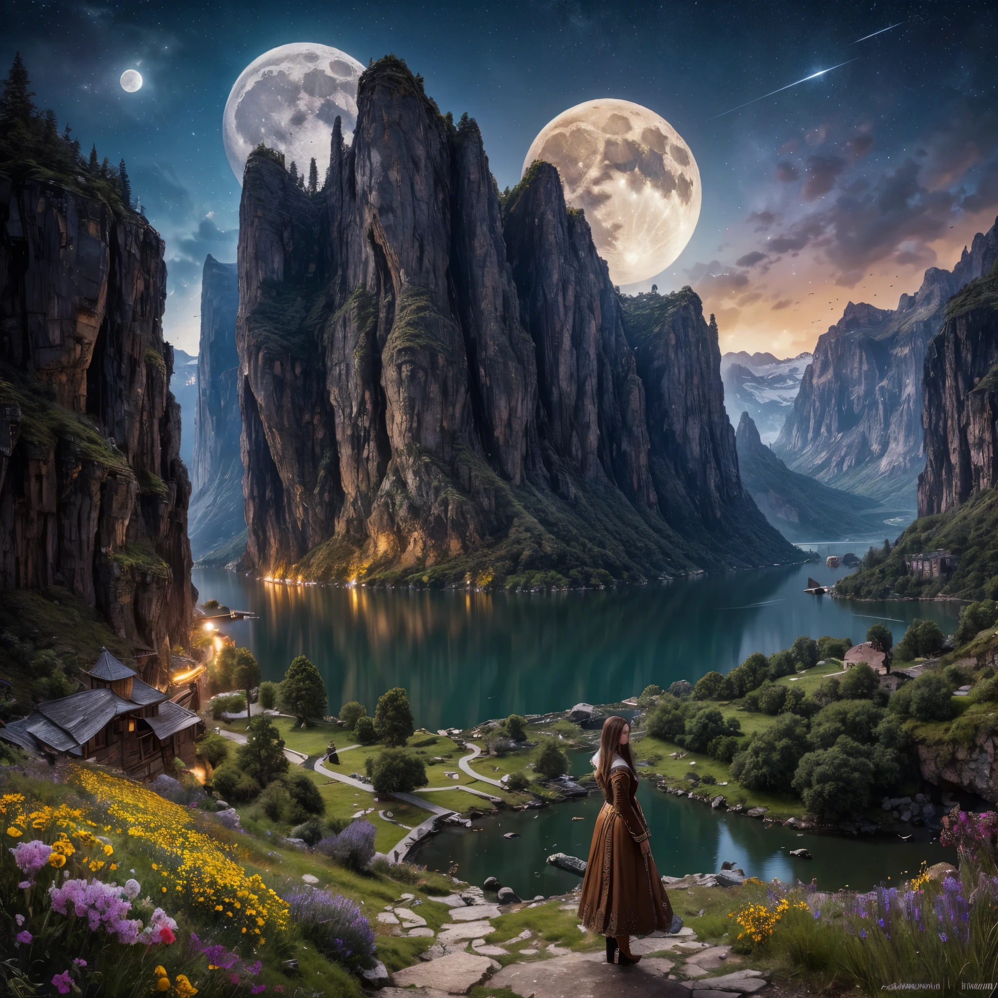 very beautiful girl, full length, in a random world, вокруг неё головокружительные и breathtaking stunning landscapes, ultra detailed background, difficult, small parts, style of Rembrandt and Pino Daeni, warm light of the moon and stars, Dynamic Scene, aesthetic sophistication, Exciting details, RAW HDR, UHD, resolution 16k, Fancy, breathtaking fantasy, digital photography, breathtaking stunning landscapes,