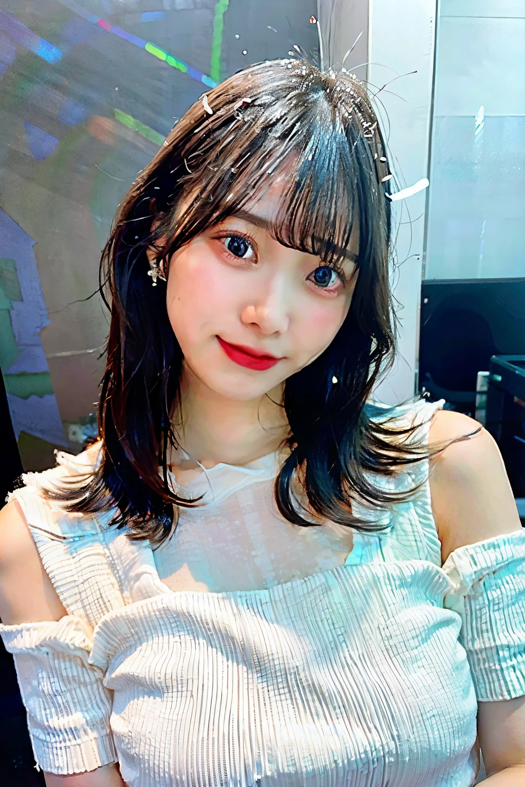 best quality, ultra high resolution, (realistic:1.4), 1 woman, Off-shoulder white shirt, No panties, black choker, (Faded ash gray hair:1), (huge breasts:1.2), looking at viewer, enlargement , 