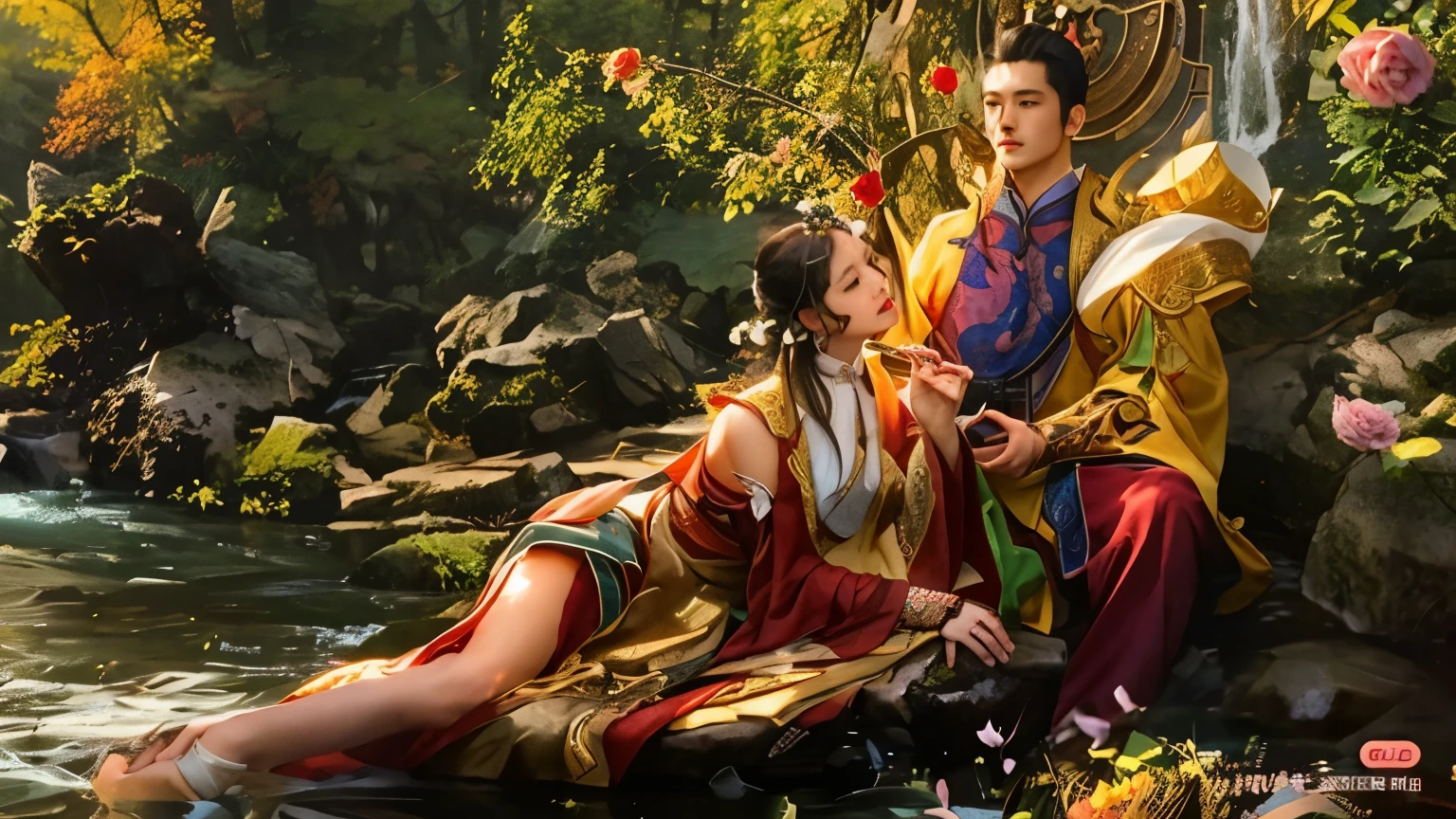 The man's eyes gaze at the woman on the right gentle affectionate