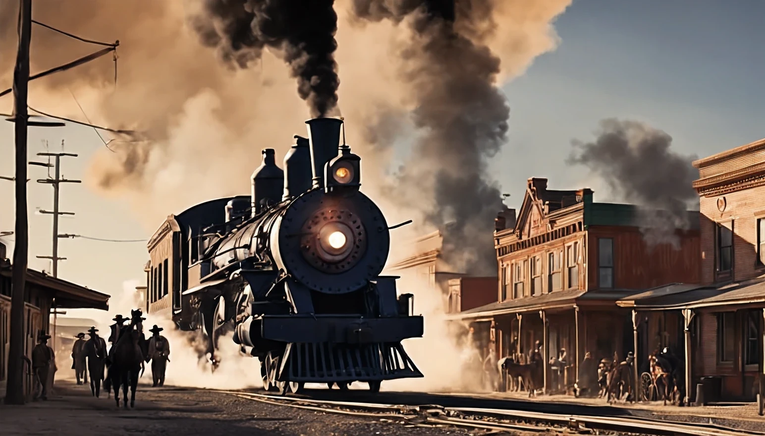 realistic, low angle shot, wild west era, train station in small townbinnwikd west, some people waiting to train,approaching train, 19th century steam locomotive, smoke rising from the chimney, cowboy riding a horse next to the station, railway station in the center of the frame, buildings of a Wild West town visible in the background, beautiful atmosphere, a wild west atmosphere, ultra detailed, photorealistic imagery, imersive wild west background, 4k, 8k, low angle, action shot