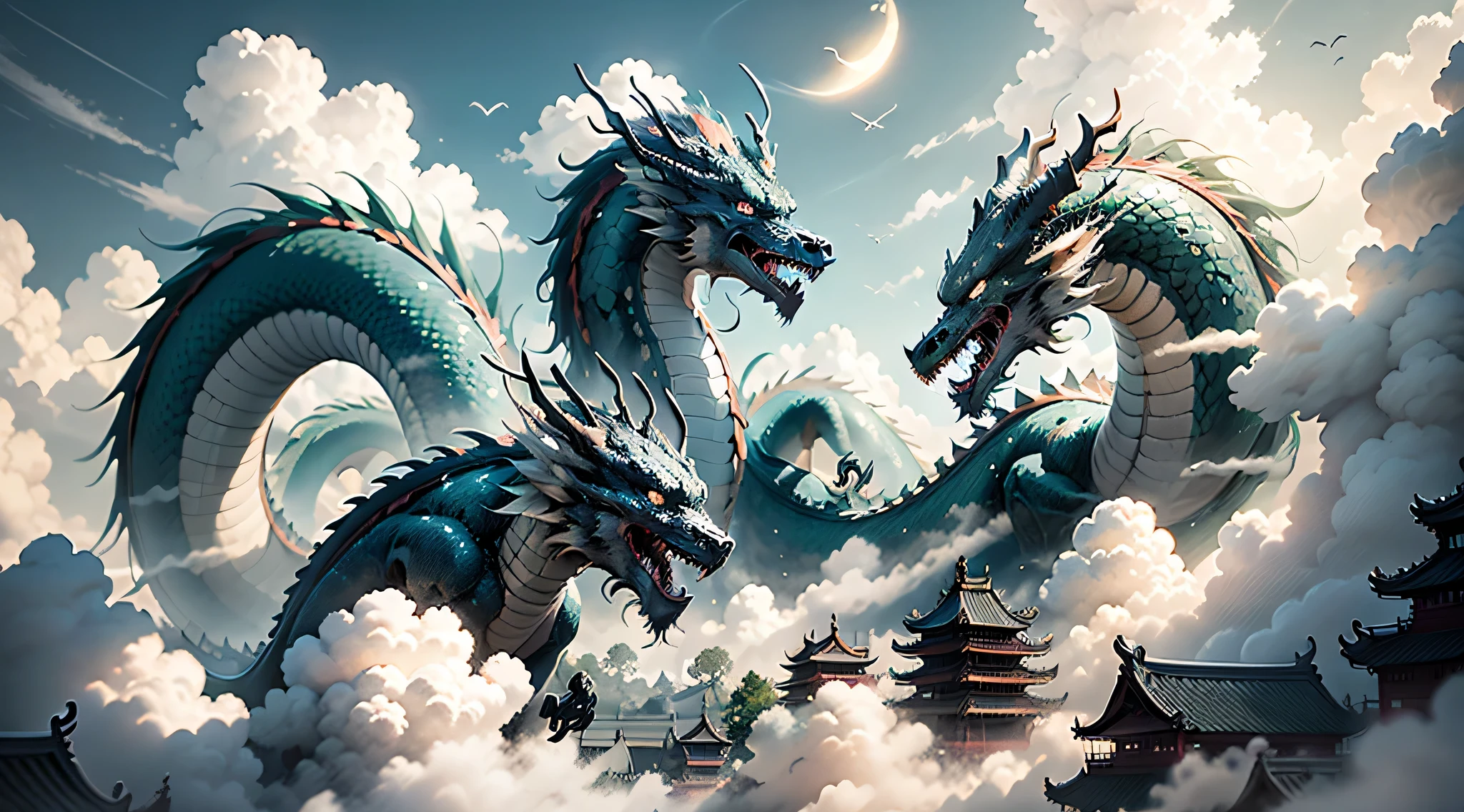 The sun and the moon shine together,dragon flying in the clouds,The sea of clouds is turbulent,islands,flying bird,(A building looms in the clouds),((shrouded in mist)),(Chinese style architecture),high quality,Ultra-fine,Detailed pubic hair,precise,(masterpiece),masterpiece,(16K resolution),Light,dynamic perspective,wide angle,