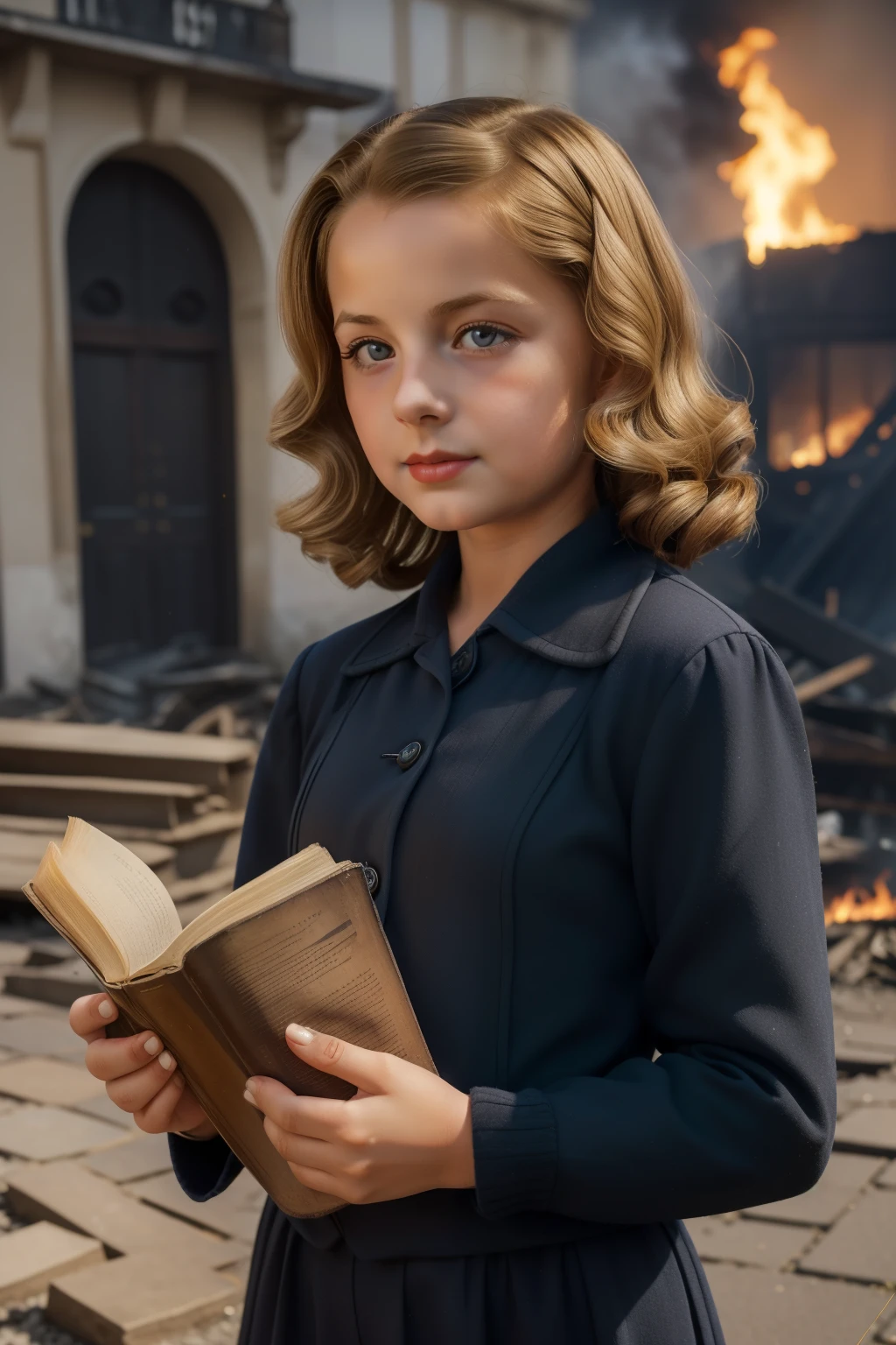 Molching, Germany, 1940. ((((-yeld)) sel Meminger)), very thin, kind, big-hearted, dangerous dark eyes, sneaky, picking up a book from the pile of ashes, rests of a big fire in the town square, smoke, ((guilty and nervous expression)). ((((poor casual clothings from the 1940s)))), ((dark-blond hairstyle of the 1940s))