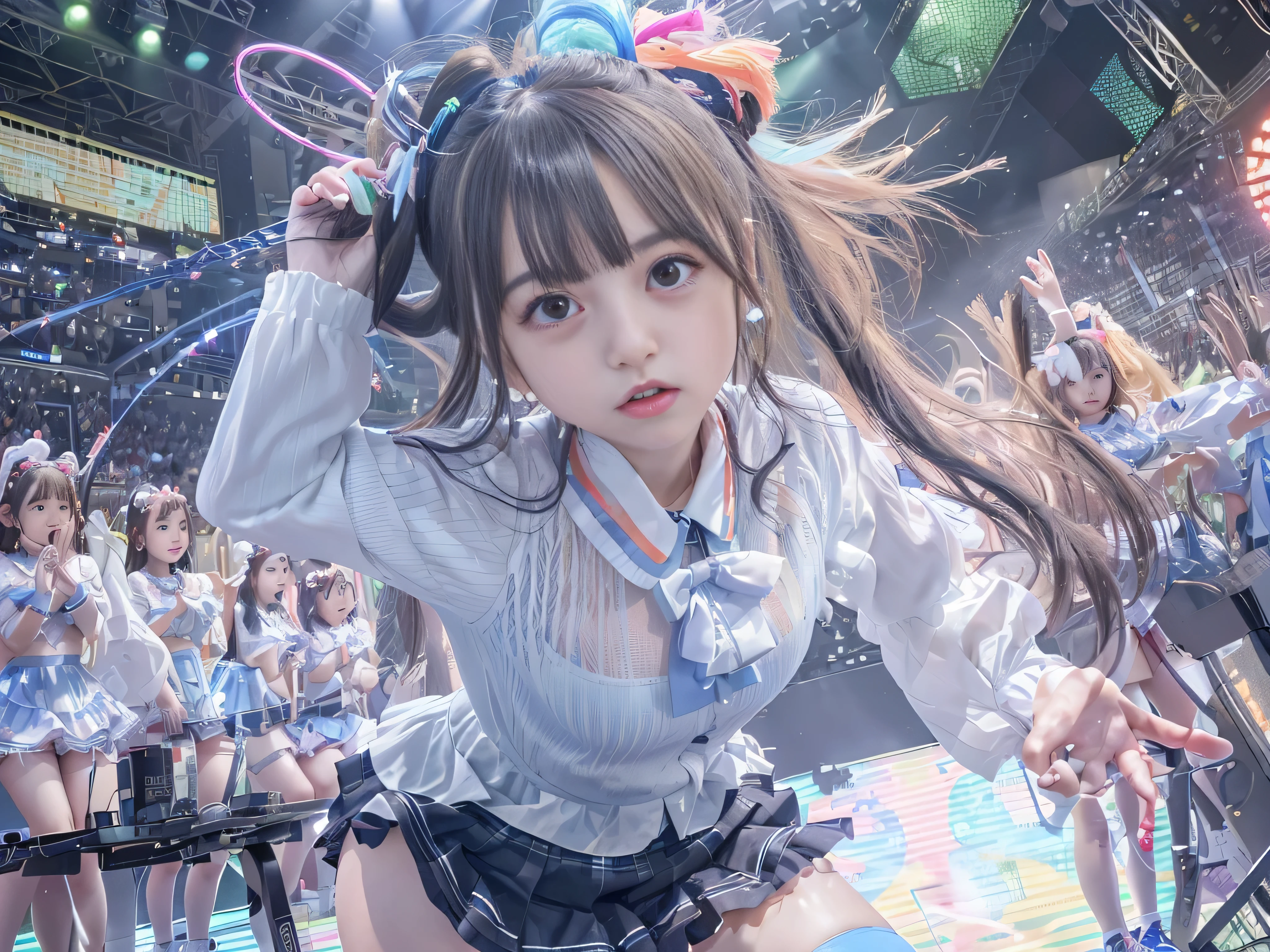 (((RAW image quality:1.4))), 3D, Detailed CG footage,(table top:1.3),(highest quality:1.2),8k,absurd,unity 8k wallpaper,(very detailed:1.3),first class,realistic, blurred background, blurred foreground, (Idol group disbandment concert:1.4), ((5 girls:1.4)),,Japanese,black haired,(Beautiful moisturized eyes shining blue:1.4),(((tears:1.4))), (long ribbon hair ornament:1.1),(neon light:1.1),(Cute idol white uniform),(checked mini skirt:1.1),frown,(dynamic Pose:1.1),(floating hair:1.2),(nffsw:1.2),(psychedelic:1.2),dynamic Pose,(electric wire:1.1),(light:1.2),abdomen,stage,(music:1.2),cable,神のlight,(indoor:1.2),From the side,(musical instrument:0.7),fanaticism,Passionate,full of energy,That's horrible,To be paralysed,cheer up,dynamic,thrilling,explosives,Be excited,(a large crowd gathers:1.2),light,,neon light,(music:1.1),look at the audience,big breasts,big breasts thin waist, biologically correct,