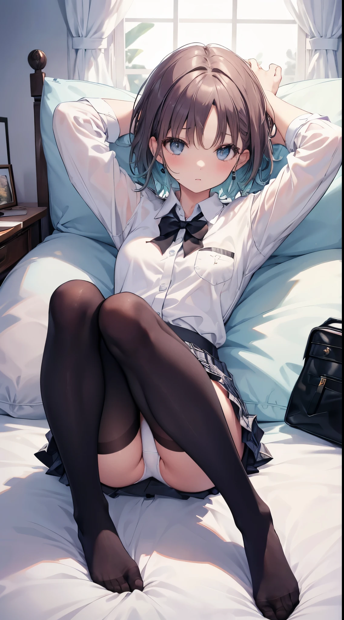 finest, masterpiece, High resolution, (Full body view from head to toe), Composition from slightly below the front, Symmetrical, 18 years old, slim and beautiful girl, alone, (small breasts), (not wearing shoes),Unkempt brown hair, bangs, (black tights), (black pantyhose), (Pose with legs spread on the bed), tied up with both arms hidden behind the back, (Composition showing white panties), (her legs spread、I can see white panties.), blush, shy big eyes, looking at camera, blazer uniform, plaid pleated skirt