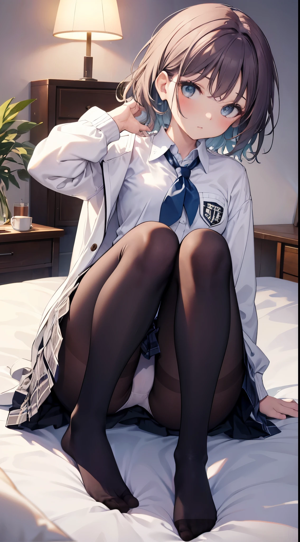 finest, masterpiece, High resolution, (Full body view from head to toe), Composition from slightly below the front, Symmetrical, 18 years old, slim and beautiful girl, alone, (small breasts), (not wearing shoes),Unkempt brown hair, bangs, (black tights), (black pantyhose), (Pose with legs spread on the bed), tied up with both arms hidden behind the back, (Composition showing white panties), (her legs spread、I can see white panties.), blush, shy big eyes, looking at camera, blazer uniform, plaid pleated skirt