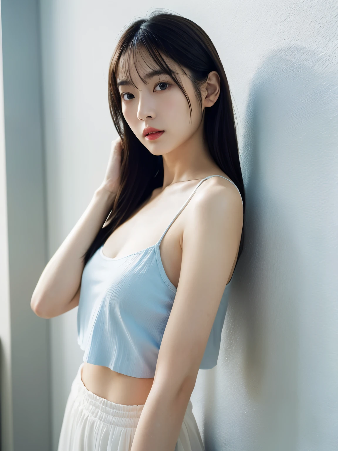 see-through tops,camisole、(背景にwhite wall、Part of her hair is sky blue:1.4)、white wall、Taken in front of the white door、(窓のあるwhite wallの部屋)、((highest quality、8k、masterpiece:1.3))、ultra high resolution、(photogenuineistic:1.4)、RAW photo、Japanese,(face)、genuine、Photographed in natural light、Highly detailed face and skin texture、highly detailed lips、correct state of the human body、medium hair、black hair、various poses、natural color lip
