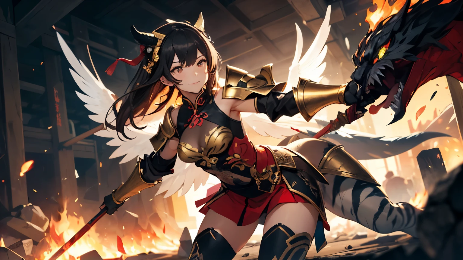 walnut(Genshin),Chinese style dragon scale armor cheongsam,loli,Long straight hair,,Buttocks,Open legs,long skirt,Charming smile,Heavy armor,The clothes are black,1 girl,individual,Dark Gold Armor,golden eye,black hair,Xuanwu headgear,Two-handed dark gold gun combat,Orangutan Armguards,The left shoulder is a cyan dragon head carved shoulder armor.,On the right shoulder is a white tiger head carving shoulder armor,Behind are phoenix wings,Wearing white tiger pattern boxing armor on his hands,Bust 22O,Waist 58,Hips 84,The earth cracks,There is blood on the face,The spear glows red,Thick smoke billows,The whole body is delicate and exquisite,amazing,Excellent picture quality,Light and shadow effects,burning everywhere,Runes burning all around,super clear,