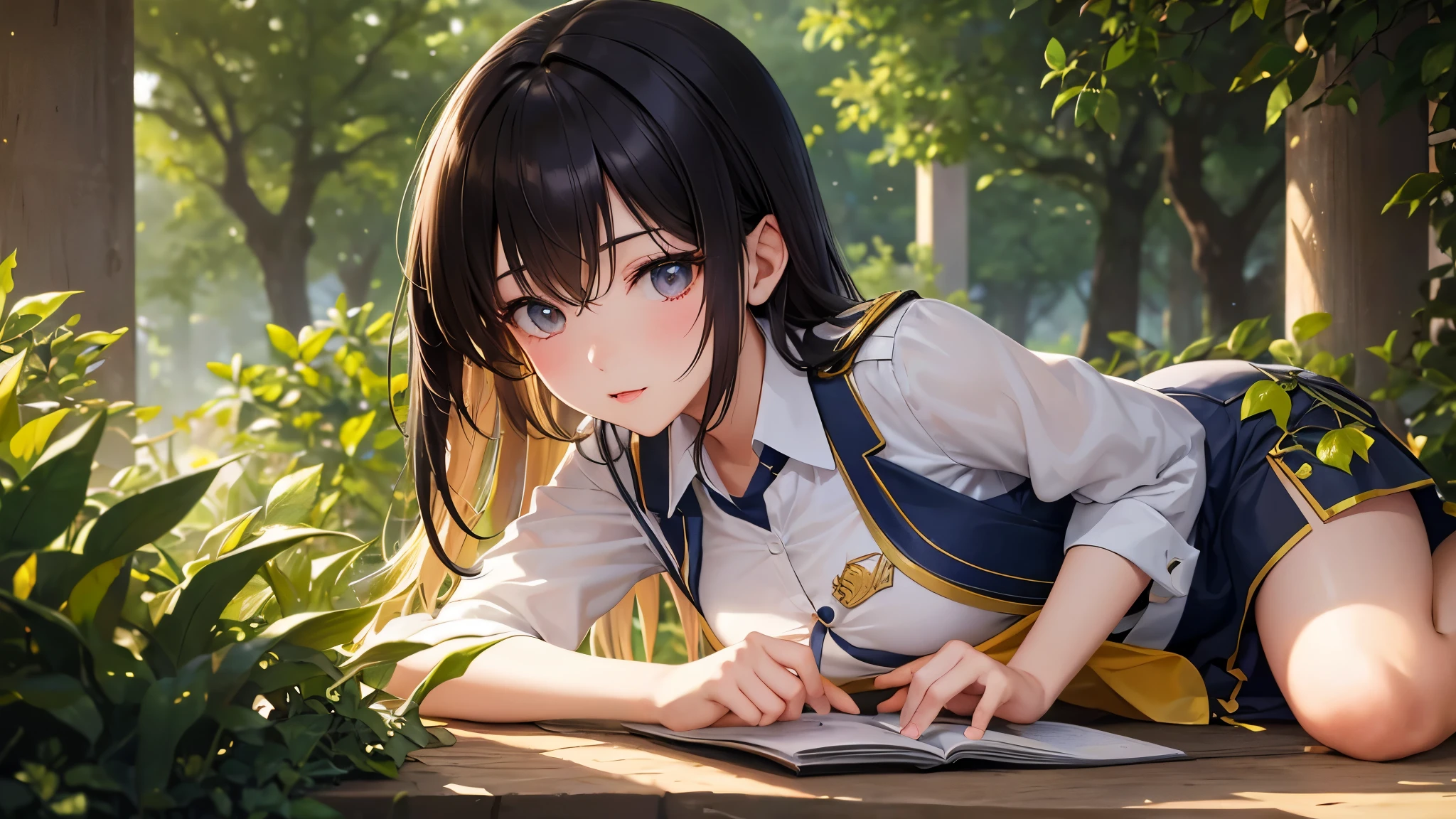 A high resolution, 25-year-old Chinese girl, adorned in a pristine school uniform, showcases a beautiful face with intricately detailed features. Her high-definition skin, glowing with a radiant and youthful complexion, exhibits a captivating beauty (highdetailskin:1.2). Medium-sized breasts delicately concealed beneath her uniform add to the allure of her slender figure.
Amidst the vibrant colors of the garden, the Tyndall effect shines through as sunlight filters through the foliage, casting a warm, soft glow on her form. Once captured in an 8k ultra high definition, fully body photo,