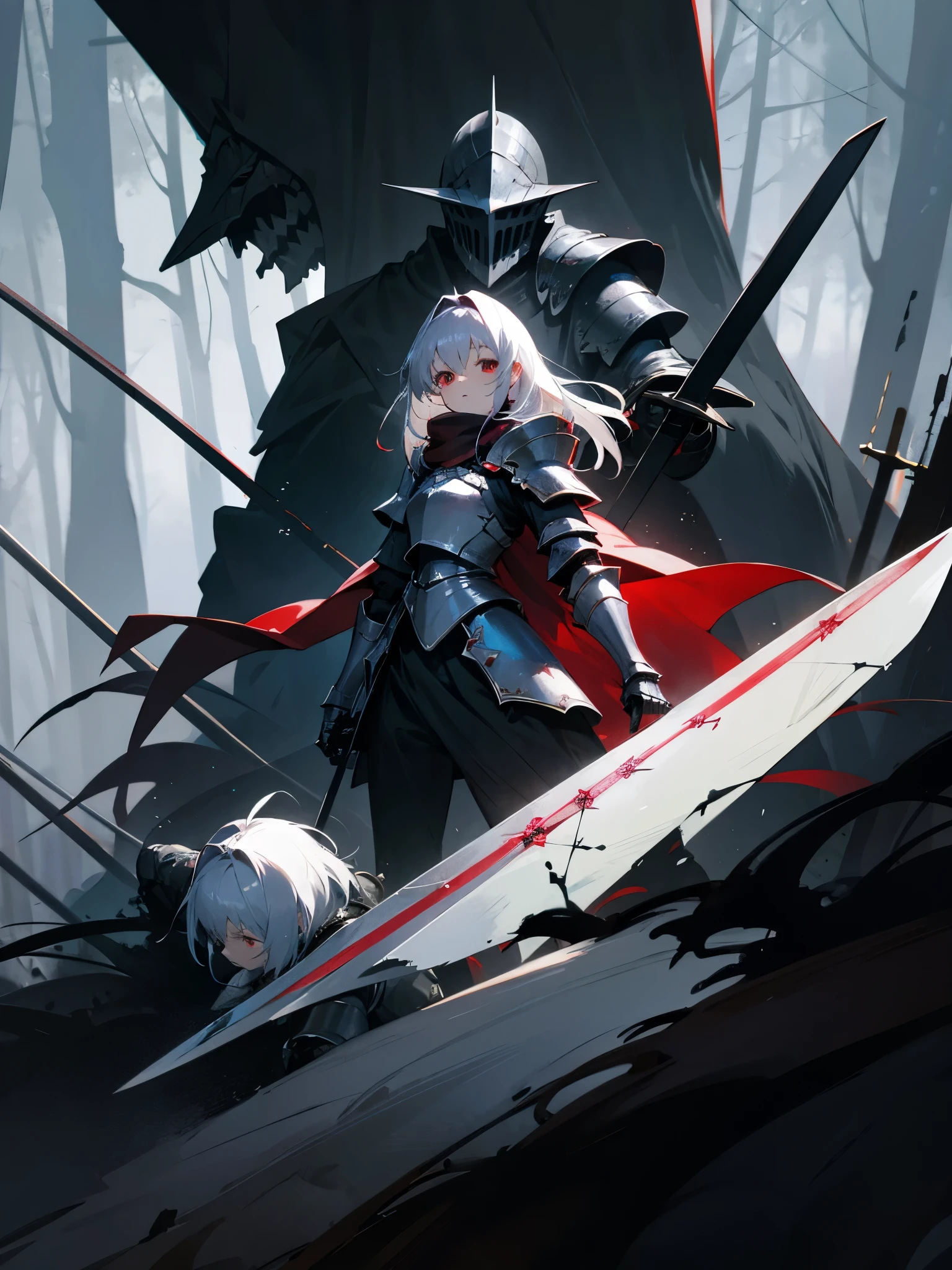[[Clannad style]], [[a women with silver hair and red bangs]], [[red eyes]], [[gloomy, dark forest background]], [[poor natural lighting]], [[great quality]],[[masterpiece]], [[best artist]], [[best performance]], [[16k quality]], [[HDR+]], fantasy world, fantasy knight armor, knight pose with sword
