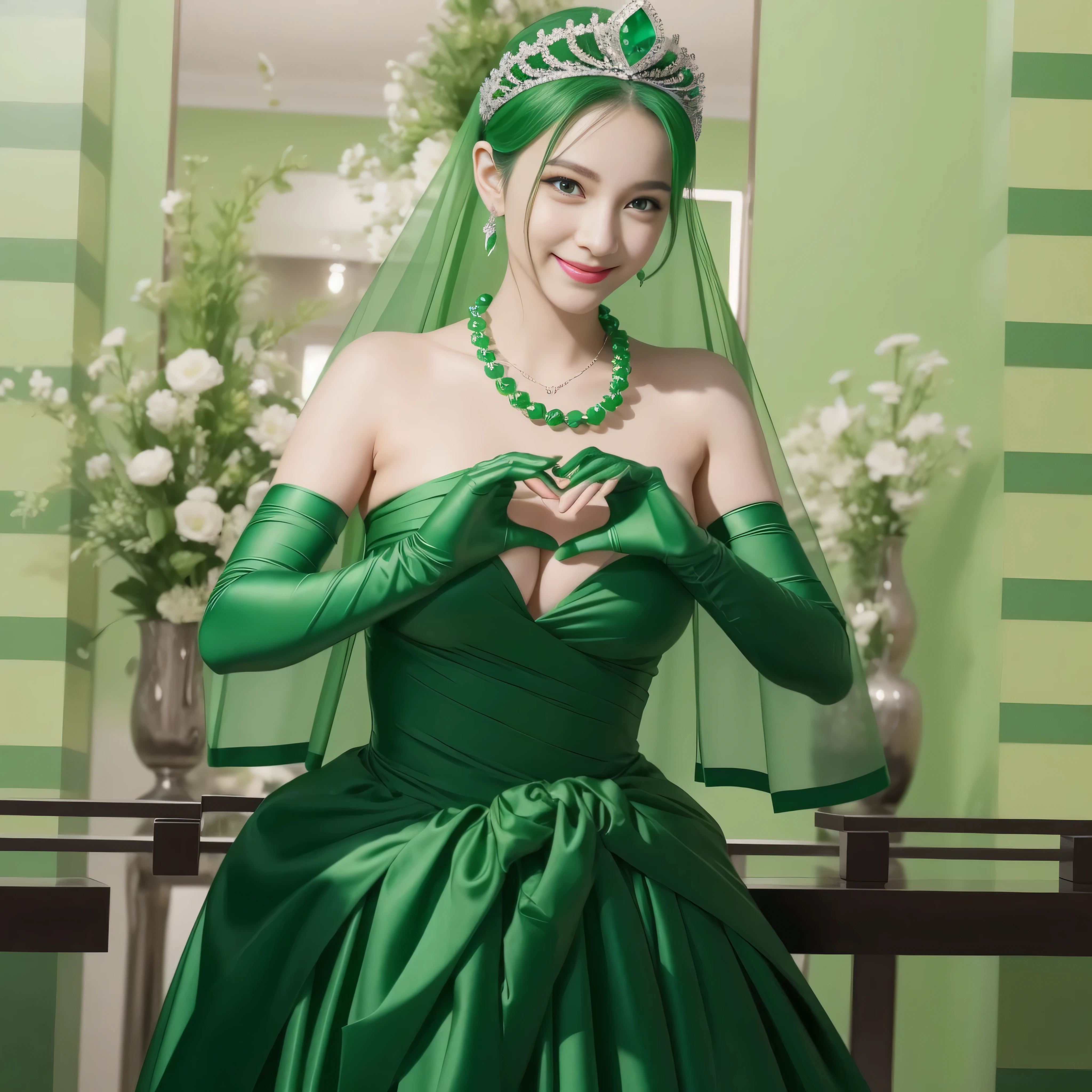 emerald tiara, Green Pearl Necklace, ボーイッシュな非常に短いgreen hair, green lips, smiling Japanese woman, very short hair, Beautiful woman with big breasts, green eyes, green satin long gloves, green eyes, emerald earrings, Green veil, Heart with both hands, green hair, beautiful japanese woman, heart shaped hands:1.3, green lip gloss