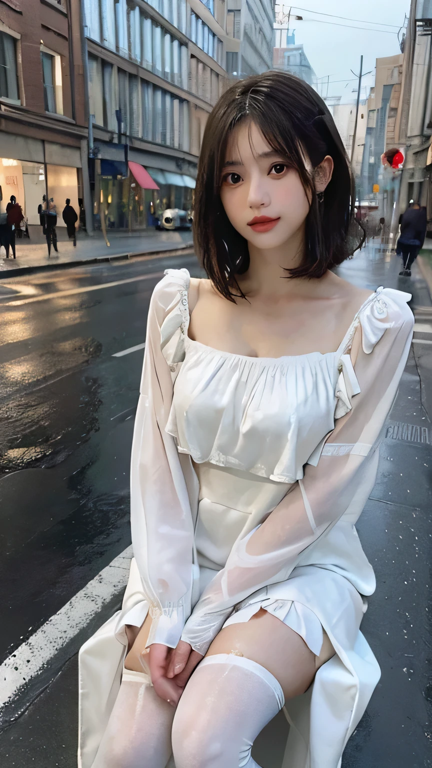 ((highest quality, 8k, masterpiece:1.3)), concentrated:1.2, beautiful woman with perfect figure:1.4, cocked ass:1.2, ((cut hair in layers, beautiful breasts:1.2)), (wet clothes:1.1) , (rain, street:1.3), bandeau chiffon dress:1.1, Highly detailed face and skin texture, fine eyes, double eyelid,whiten skin,white long hair,((pantyhose)),(please sit down),((Erlang'feet))((No panties))