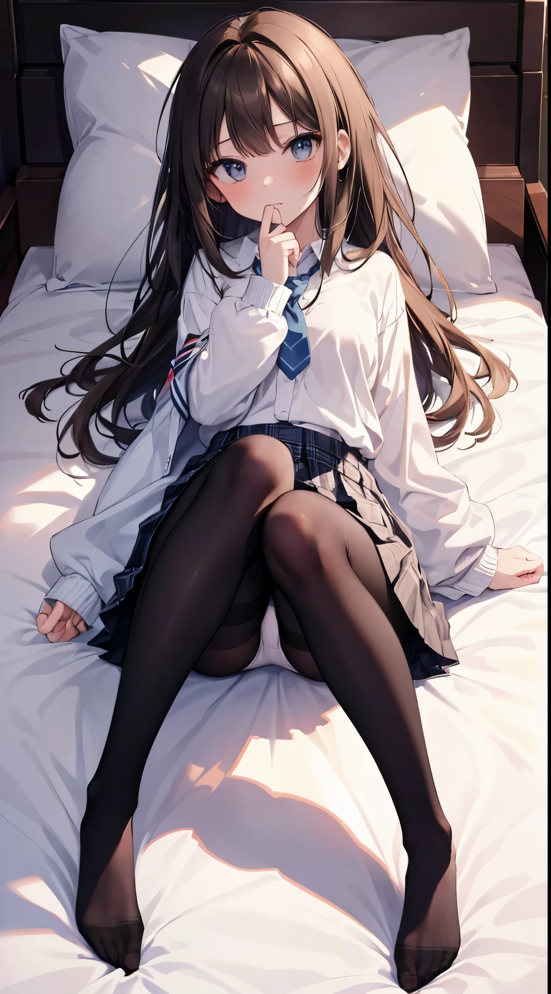 finest, masterpiece, High resolution, (Full body view from head to toe), Composition from slightly below the front, Symmetrical, 18 years old, slim and beautiful girl, alone, (small breasts), (not wearing shoes),Unkempt brown hair, bangs, (black tights), (black pantyhose), (Pose with legs spread on the bed), tied up with both arms hidden behind the back, (Composition showing white panties), (her legs spread、I can see white panties.), blush, shy big eyes, looking at camera, blazer uniform, plaid pleated skirt