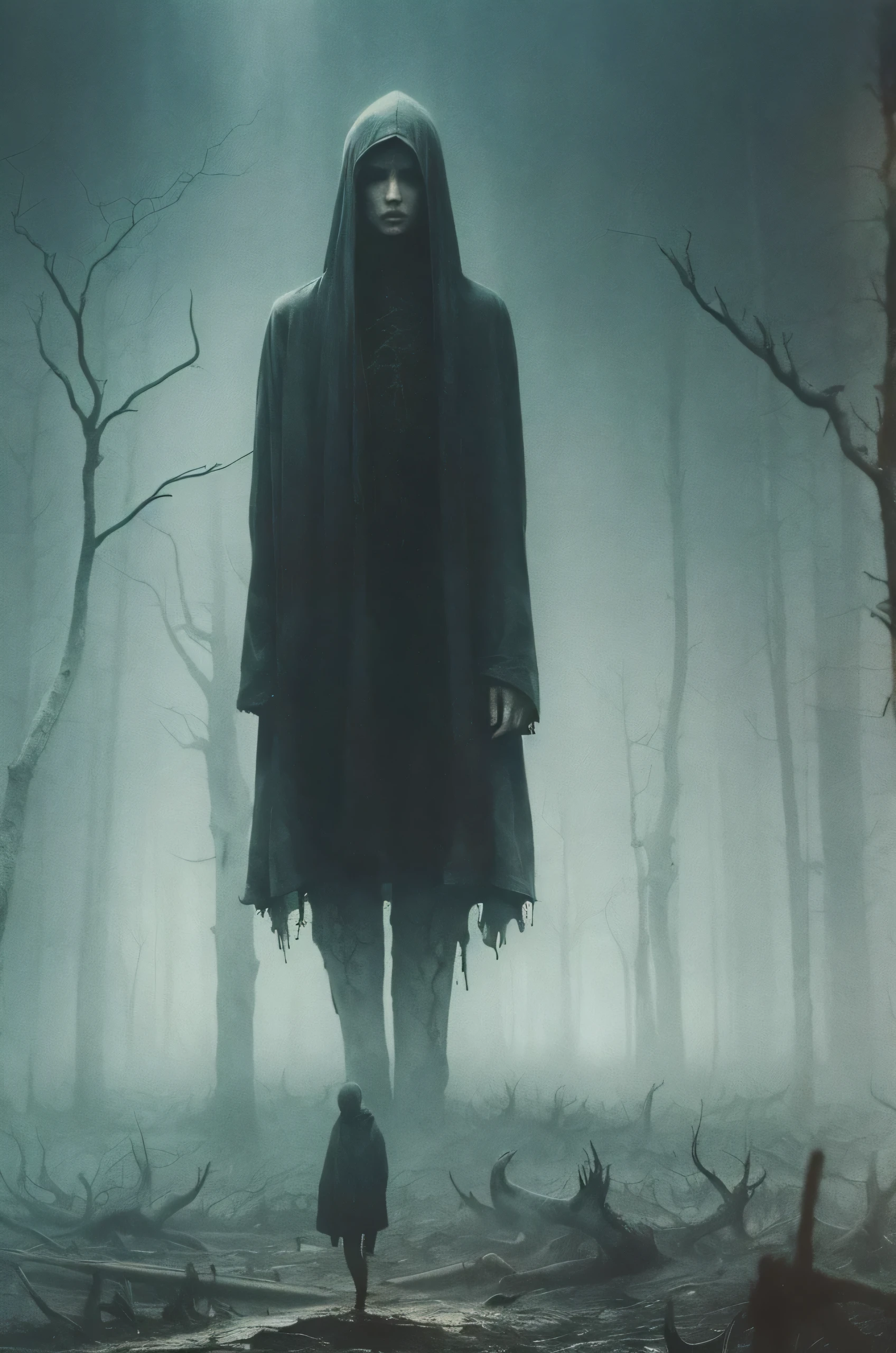 a beautiful girl, full body, short hair, horror, broken, distorted, sky, rain, fog, smoke, dark forest, shadow creatures, Zdzisław Beksiński style, dead bodys on fire, fear, deep mood, masterpiece, ultra high res, high quality, cinematic lighting,
