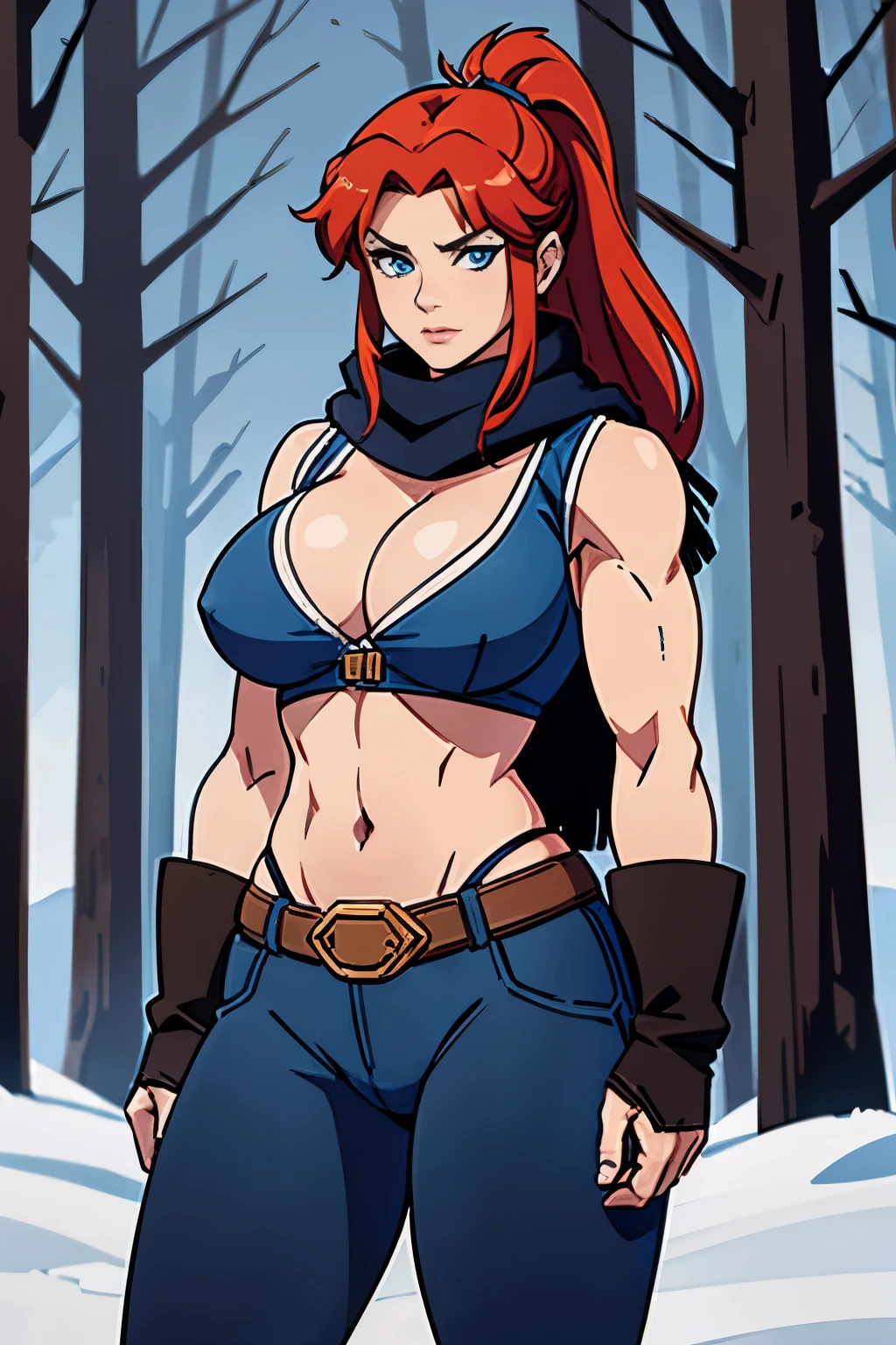 Best high quality, masterpiece quality, full body portrait, cowboy shot, human, 1woman, ((blue eyes)), athletic, muscular, barbarian berserker, large breasts, large hips, redhead long ponytail, grey fur scarf, grey fur vest showing cleavage, winter forest background backdrop