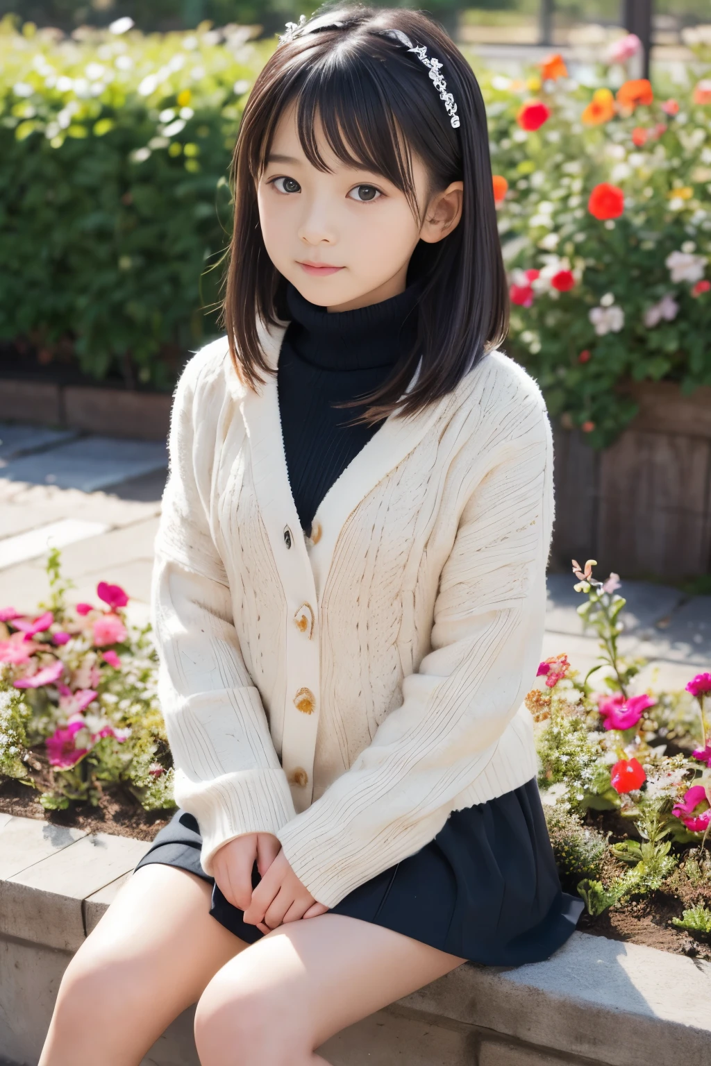 8k,Japanese,8--old,ocent face,teenage girl,cute,Winter clothes,everyday wear,sitting,black hair,flower garden,hair clip