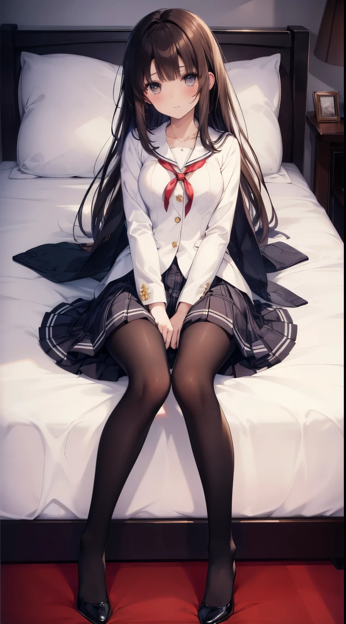 finest, masterpiece, High resolution, (Full body view from head to toe), Composition from slightly below the front, Symmetrical, 18 years old, slim and beautiful girl, alone, (small breasts), (not wearing shoes),Unkempt brown hair, bangs, (black tights), (black pantyhose), (Pose with legs spread on the bed), tied up with both arms hidden behind the back, (Composition showing white panties), (her legs spread、I can see white panties.), blush, shy big eyes, looking at camera, blazer uniform, plaid pleated skirt