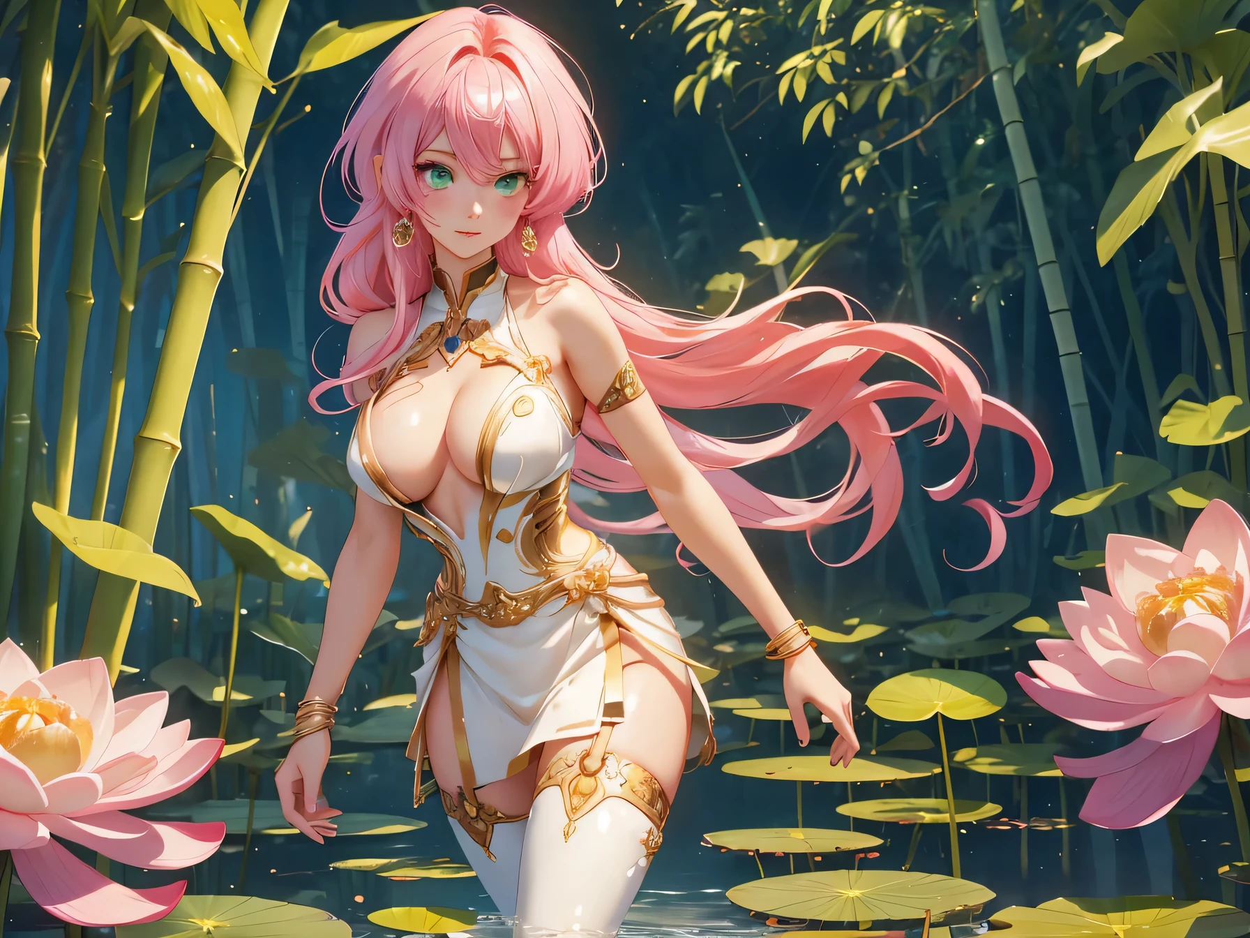 :1.1, high resolution:1.7, incredibly absurdres, kawaii:1, cute:1.5, hires.fix, anime visual:1, incredibly fine illustration,8k,masterpiece:1.2,best quality, high quality, exquisite, beautiful, insaetailed, intricate detailed, extremely detailed, Super Definition, ultra high res, Super Resolution, best aesthetic, ultra detailed:1.5, best quality, perfect face, detailed face, masterpiece:1.2, illustration:1.2, 8k cg wallpaper, stunning art,absurdres,octane render,ultra hires,Japanese Actress,(Idol),18yo,Beautiful,(Cute and lovely),cute girl,((anime elf with extremely cute and beautiful pink hair)),((((pink hair:1.35,ear breathing)))),(((green_eyes:1.3))),intricate eyes,beautiful detailed eyes,symmetrical eyes,big eyes:1.5,enchanting bright eyes studded with gold and silver dust,(((pinky and glowing_skin,shiny body))),upward breasts,waist slender,(detailed body,(detailed face)),cute,daring,zettai ryouiki,show skin,best relationship with four fingers and one thumb,Very Fine Face and Eyes,Very Fine Hair,(Perfect Anatomy),((girl trembling with sexual climax)),Garter Belt,Bare shoulders,Check out our thru-rack chokers and midi rings with chains,1female,Low chest exposure,solo,(Background with:bamboo forrest,lotuses,lotus flower,exteriors,Lotus pond) She has short black hair,standing on your feet,Sweat profusely,drenched all over the body,seen from the front, hair straight, mostly cloudy sky,(Very fine and beautiful),facing at camera,revealing breasts,Bare genitalia, Bulge,legs are open,Raised sexy,Camels,Flushed complexion,Open-mouthed,frontage,Gold Saint Seiya,(Wearing:Transparent apron,Gold wire embroidery,Armour,Iron Man uniform,cyber punk style)