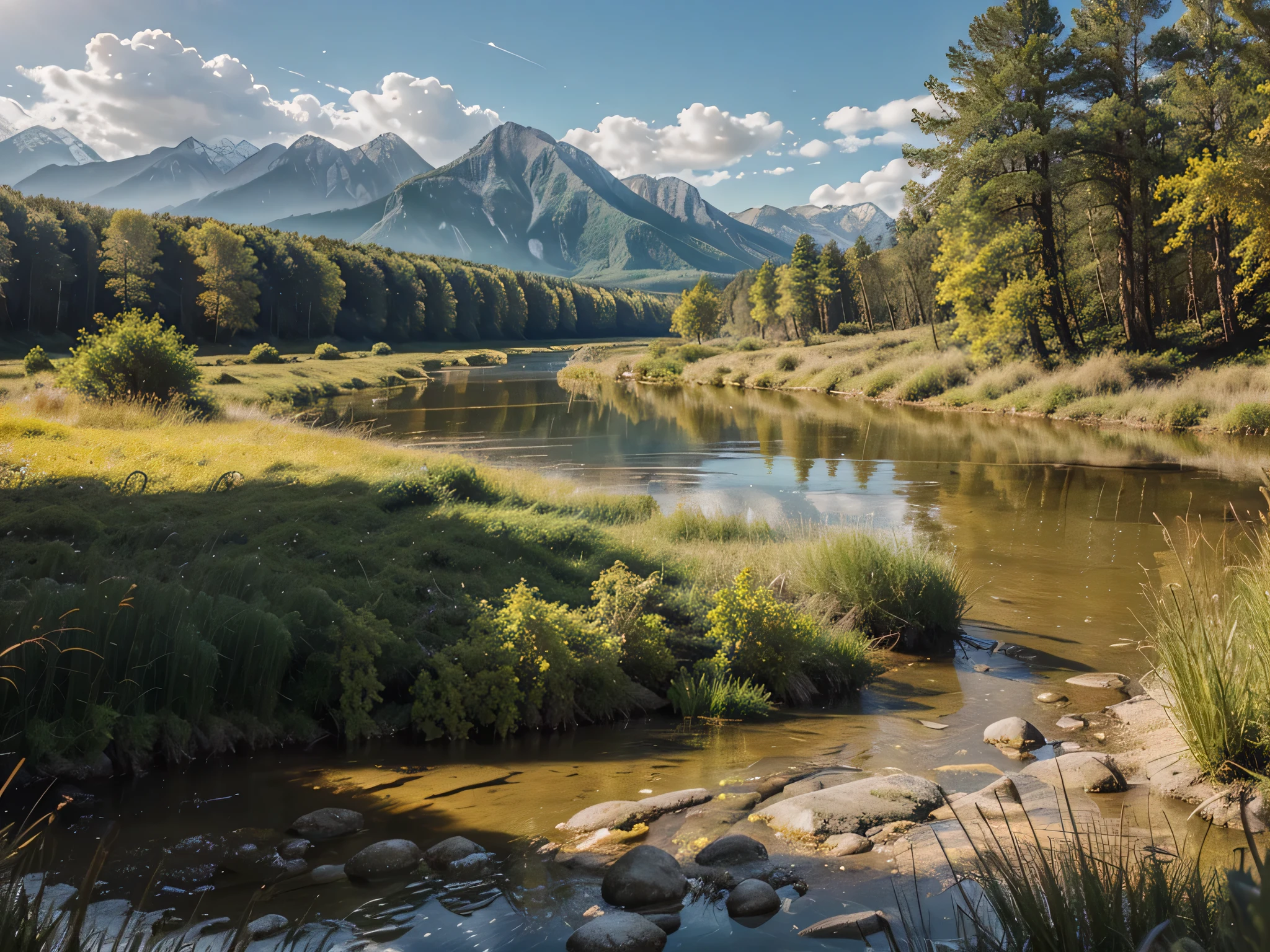 3D landscape of a transparent river, with sandy bottom,splashes on the water,a bush,1 tree,meadow,Yellow grass,sun and clouds, mountains in the distance