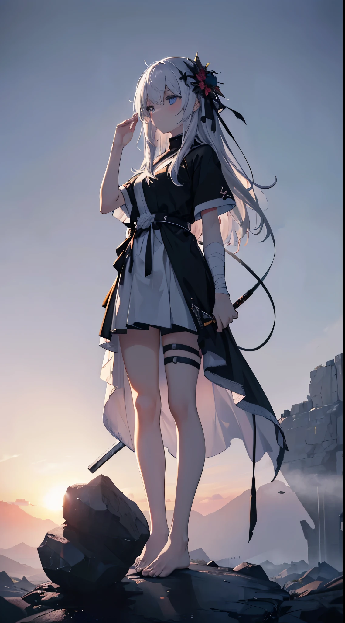 (masterpiece, war theme, 8k, best quality, maximum sharpness, ultra detail, best color, detailed eyes, very well, (super accurate), dark and white theme, foggy theme, sunset, gradient sky, 1girl, holding a katana, solo, bright blue eyes, silver hair, full body, white t-shirts, lower bodies covered in bandages, long hair, black flower hair ornament, standing on a rock, girl's head looking up, hands raised up, The background is a stone field, filled with mist, misty, full of sword graves, full of particles) focus at a girl