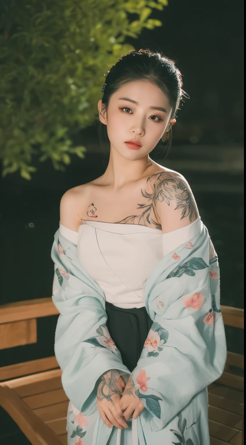 ((Best quality, 8k, Masterpiece :1.3)), Beautiful geisha in kimono.bare shoulders, ((wide shot)),Sitting on a small boat. Laked. Night view. decorated with moonlight••Shooting from top to bottom angle_Full body:1.7_snapshot, photo, high resolution, 4k, 8k, bokeh background)) mix4, 20d_Tattoo face texture. Tattoo Hand. Chest tattoo. Shoulder tattoo. Sakura tree in the background