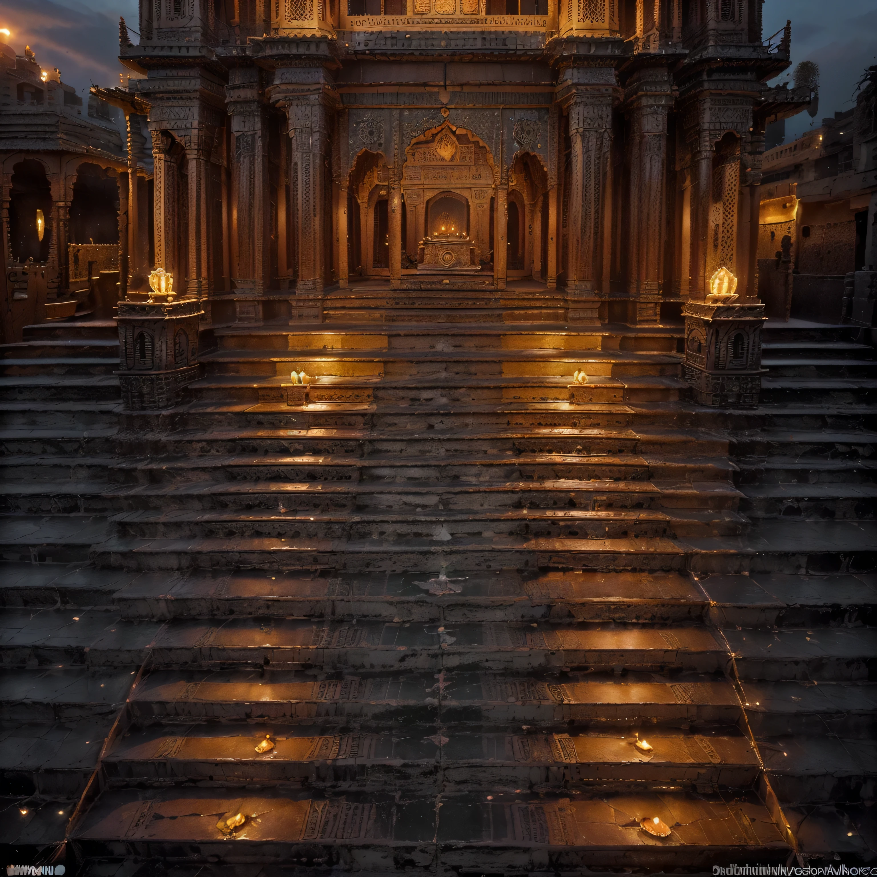 (((background)))(((Zoom in on the intricate details of the ghats during Sunset Aarti at Dashashwamedh. Showcase the architectural elements, the steps leading to the Ganges, and the vibrant decorations, all illuminated by the warm colors of the sunset.)))