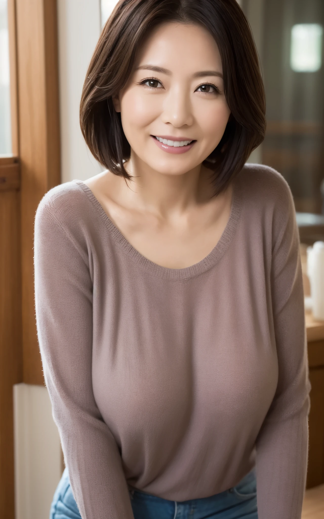 ((Best Quality, 8K, masutepiece :1.3)), Sharp Focus :1.2, beautiful mature women, 48yo, A MILF, ((Loose knit shirt)), downbrouse, ((Leaning forward)), (Huge breasts), (Smile:1.15), Highly detailed face and skin texture, Detailed eyes, (Round face:1.4), Shop at the morning market1.5、Capturing the whole body from a distance2.0