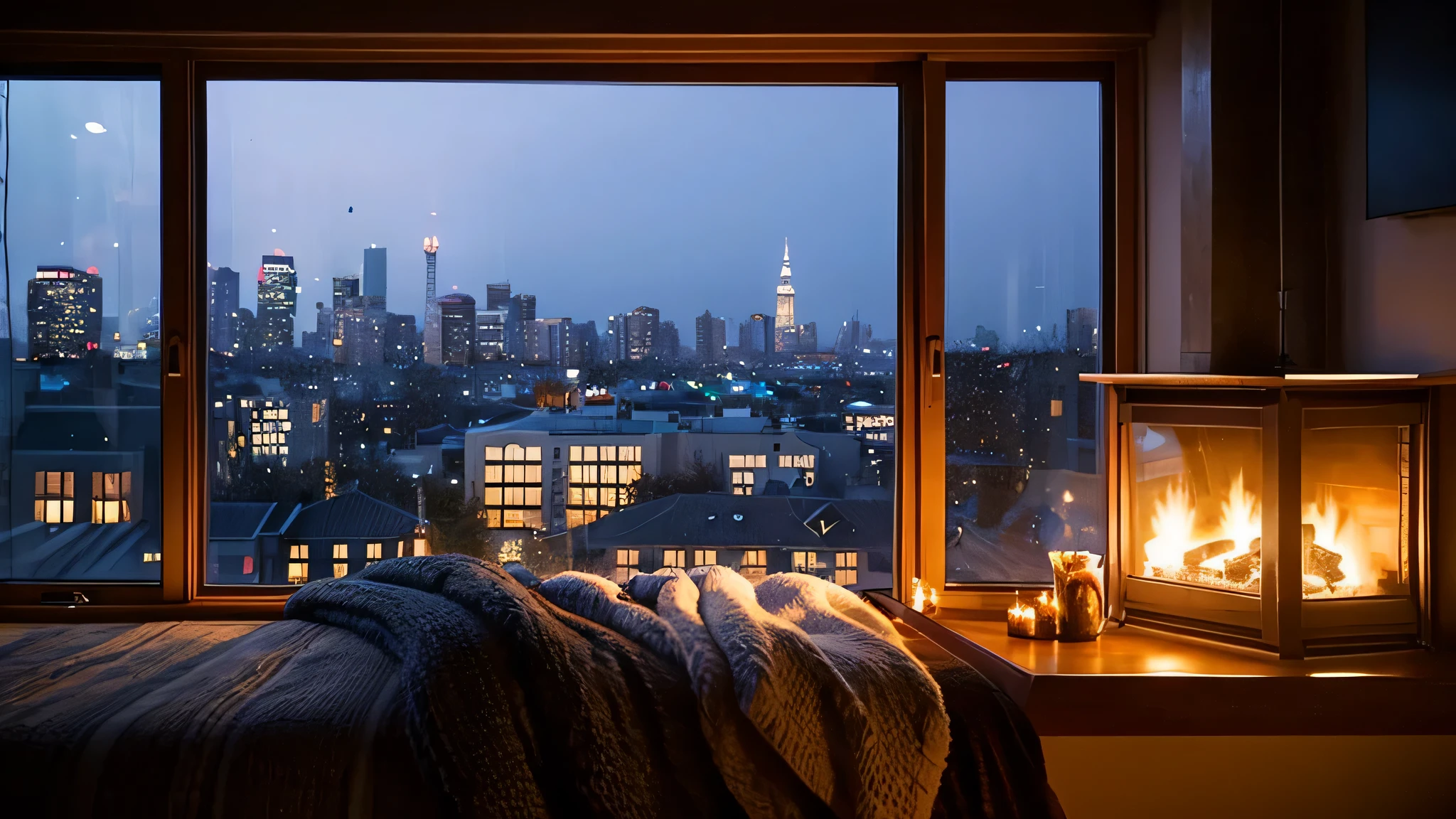 City view from bedroom with fireplace, Lots of cushions、big wooden window、cat sleeping cuddling、floor light、blanket、relax time. good view, cozy atmosphere, cozy place, cozy atmosphere, rooftop romantic, cozy environment, comfortable atmosphere, Nice views, Rainy night, cozy wallpaper, cozy room, Rainy nightの街, beautiful scenery, Cozy and peaceful atmosphere