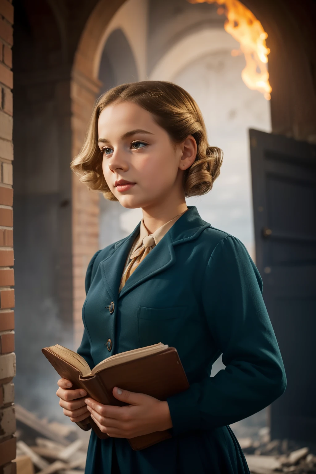 Molching, Germany, 1940. ((((11-year-old)) Liesel Meminger)), very thin, kind, big-hearted, dangerous dark eyes, picking up a book from the pile of ashes, rests of a big fire in the town square, smoke, ((guilty and nervous expression)). ((((poor casual clothings from the 1940s)))), ((dark-blond hairstyle of the 1940s))