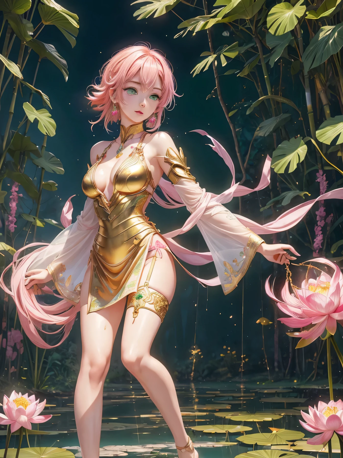 nsfw:1.1, high resolution:1.7, incredibly absurdres, kawaii:1, cute:1.5, hires.fix, anime visual:1, incredibly fine illustration,8k,masterpiece:1.2,best quality, high quality, exquisite, beautiful, insanely detailed, intricate detailed, extremely detailed, Super Definition, ultra high res, Super Resolution, best aesthetic, ultra detailed:1.5, best quality, perfect face, detailed face, masterpiece:1.2, illustration:1.2, 8k cg wallpaper, stunning art,absurdres,octane render,ultra hires,Japanese Actress,(Idol),18yo,Beautiful,(Cute and lovely),cute girl,((anime elf with extremely cute and beautiful pink hair)),((((pink hair:1.35,ear breathing)))),(((green_eyes:1.3))),intricate eyes,beautiful detailed eyes,symmetrical eyes,big eyes:1.5,enchanting bright eyes studded with gold and silver dust,(((pinky and glowing_skin,shiny body))),upward breasts,waist slender,(detailed body,(detailed face)),cute,daring,zettai ryouiki,show skin,best relationship with four fingers and one thumb,Very Fine Face and Eyes,Very Fine Hair,(Perfect Anatomy),((girl trembling with sexual climax)),Garter Belt,Bare shoulders,Check out our thru-rack chokers and midi rings with chains,1female,Low chest exposure,solo,(Background with:bamboo forrest,lotuses,lotus flower,exteriors,Lotus pond) She has short black hair,standing on your feet,Sweat profusely,drenched all over the body,seen from the front, hair straight, mostly cloudy sky,(Very fine and beautiful),facing at camera,revealing breasts,Bare genitalia, Bulge,legs are open,Raised sexy,Camel toes,Flushed complexion,Open-mouthed,frontage,Gold Saint Seiya,(Wearing:Transparent apron,Gold wire embroidery,Armour,Iron Man uniform,cyber punk style)
