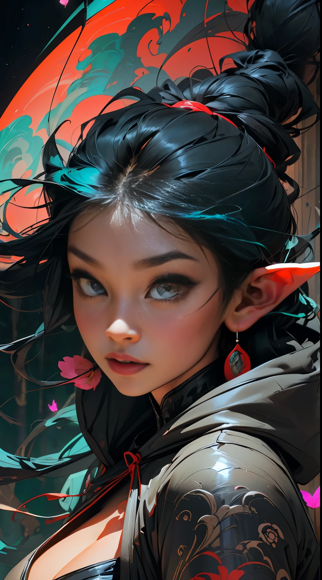 (masterpiece, top quality, best quality, official art, beautiful, cosmic, atmospheric, psychedelic, dreamlike and aesthetic, swirling psychedelic cosmic graffiti patterns:1.2), (1elfgirl), extreme detailed,(fractal art:1.3),colorful,highest detailed, "(Best Quality, 8K, 32K, masutepiece:1.3), Ultra-detailed, (Photorealistic:1.4), perfect color scheme, albino, elf princess Girl, Detailed moonlight eyes, full body portrait, very long luxurious blue hair, highly detailed Harajuku-inspired hooded battle armor, super huge enormously gigantic tits, cleavage showing, Avant-garde makeup, Numerous piercings, Heavily tattooed body, flower pedals and butterflies blowing in the wind, enchanted cosmic aesthetic atmospheric dreamlike forest background