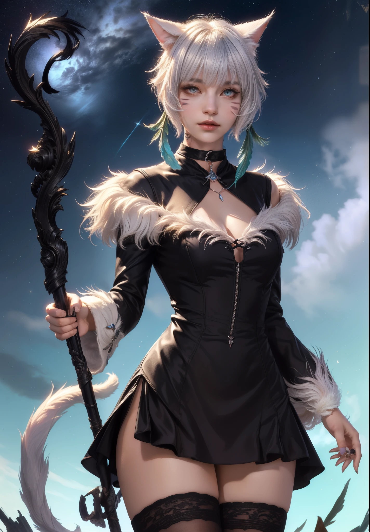 (masterpiece, high quality:1.1), y'shtola, miqo'te, cinematic lighting, extremely detailed, Matoya, hair ornament, feather hair ornament, choker, black choker, brooch, dress, long dress, black dress, fur-trimmed dress, fur trim, backless outfit, cleavage, long sleeves, wide sleeves, gloves, black gloves, fingerless gloves, partially fingerless gloves, ring, claw ring, y'shtola, y'shtola rhul, miqo'te, cat girl, grey hair, short hair, bangs, animal ears, cat ears, grey eyes, slit pupils, lips, facial mark, whisker markings, tattoo, neck tattoo, tail, cat tail,