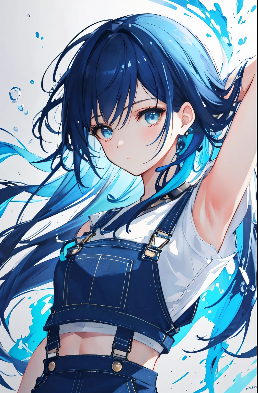 Award winning bust portrait in samdoesarts style,A beautiful woman wearing a crop top and overalls,With gradient navy blue hair style,head moving,hair flying, paint splash, splash, transcend, Auto parts, Shadow flat illustration, The art of math, Popular topics on Artstation, Very detailed, Fine details, complex