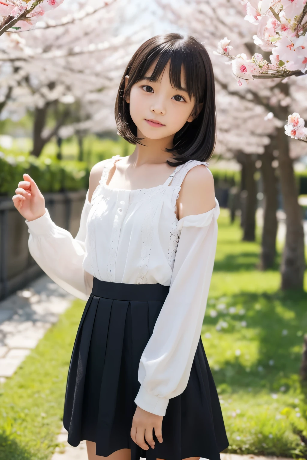 8k,Japanese,10 years old,young face,innocent face,teenage girl,cute,Spring-like clothes,Spring weather,everyday wear,Are standing,black hair,flower garden,Decolletage