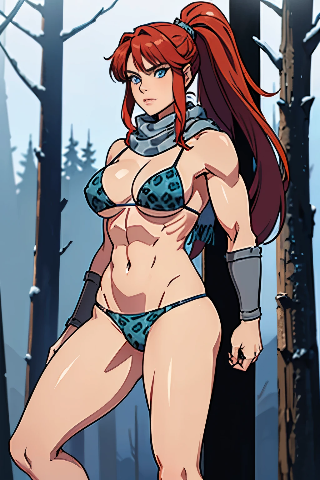 Best high quality, masterpiece quality, full body portrait, cowboy shot, human, 1woman, ((blue eyes)), athletic, muscular, barbarian berserker, large breasts, large hips, redhead long ponytail, grey fur scarf, blue grey leopard bikini, winter forest background backdrop
