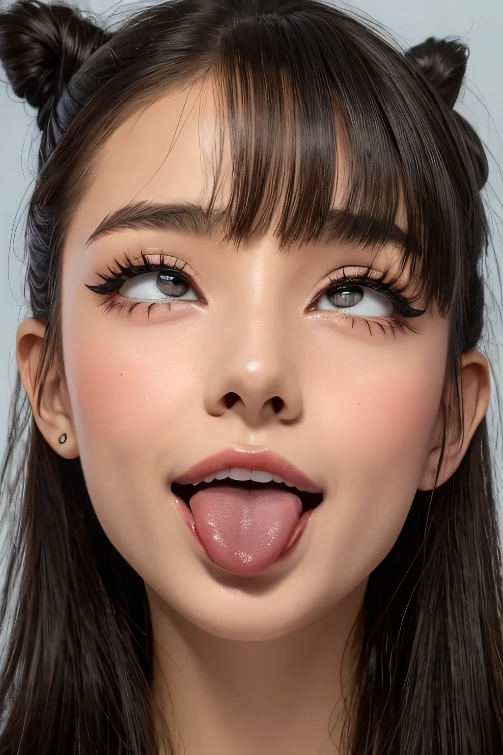 Audrey Hepburn、1 girl,debris flies,,Award-winning photo, very detailed, focus the eyes clearly, nose and mouth,face focus, super close up of face、woman with open mouth and closed eyes,20-year-old,black hair、symmetrical face,realistic nostrils、angle from below、elongated C-shaped nostrils,,,,,,,,,,,NSFW,sweaty and shiny skin、skin shining with sweatを強調する照明、((sharp nose))skin shining with sweat、shiny skin、sweaty hair、semi-backlit lighting、(wrinkles between eyebrows))（cum on tongue)、deep kiss、((thin eyebrows))oily skin、Glittering skin、double eyelid、wet and shiny tongue、Beautiful face woman with wet tongue full of foam、Beautiful woman、medium hair,roll your eyes、shortcut、Harajuku street、blouse,upper body only,head is raised,