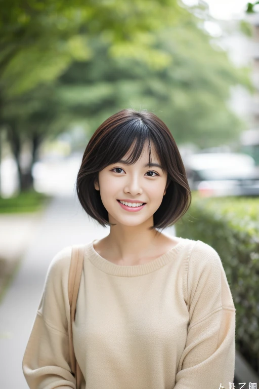 Cute Japanese woman with a short cut walking in the park feeling the flower petals in the spring breeze、confetti、Photoreal、detailed and beautiful eyes、hyper realism、high contrast、ultra hd、realistic skin texture、best image quality、highest quality、超A high resolution、small details、very politely