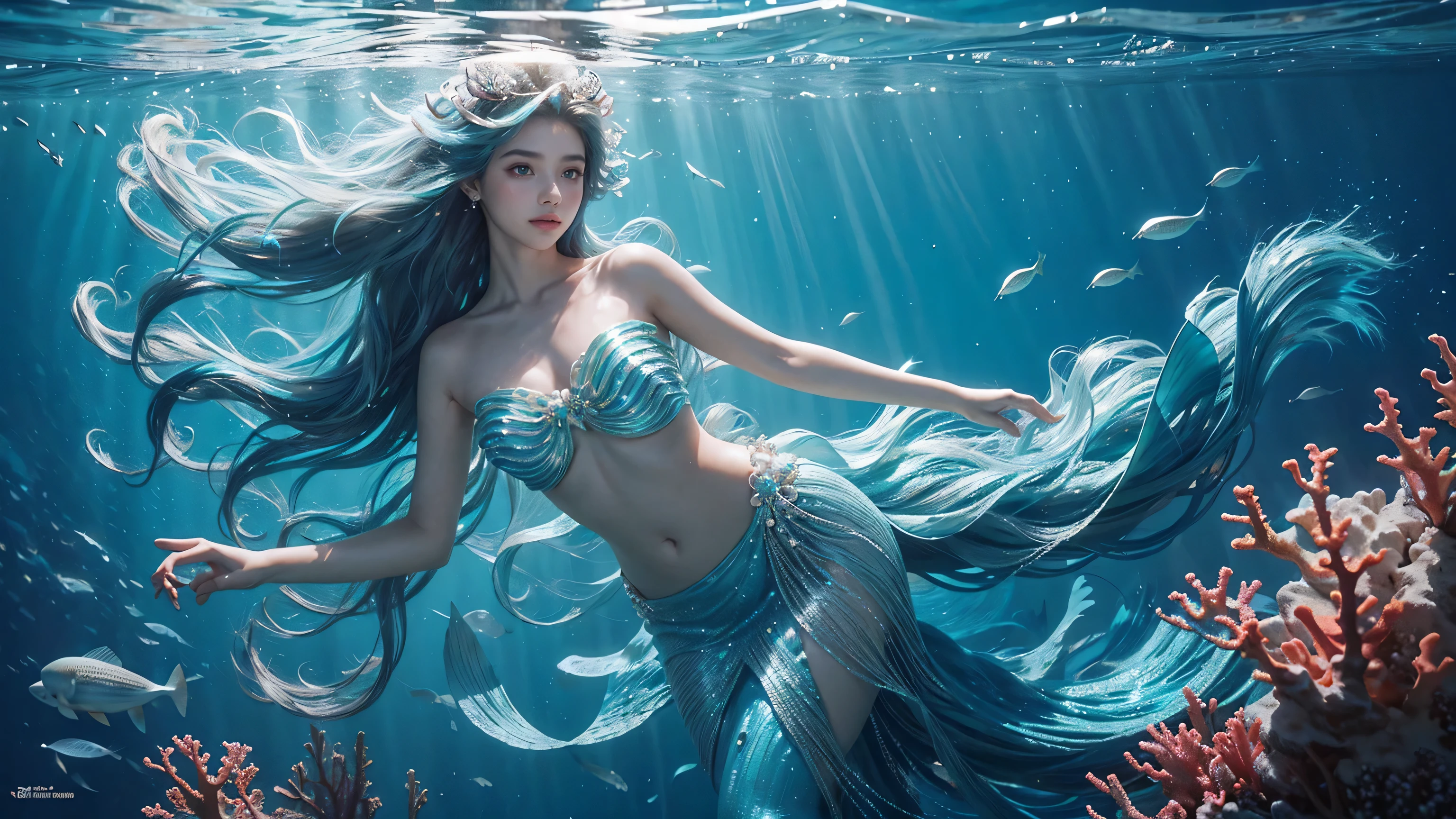 Mermaid Argentina teen Queen, skin kissed by sea spray, cascading waves of aquamarine hair adorned with pearls and seashells, eyes like deep ocean pools shimmering with mystery, lips tinted with a coral hue, iridescent scales shimmering on her tail, draped in flowing seaweed and coral, gliding gracefully through a vibrant underwater kingdom in a digital aquatic wonderland.