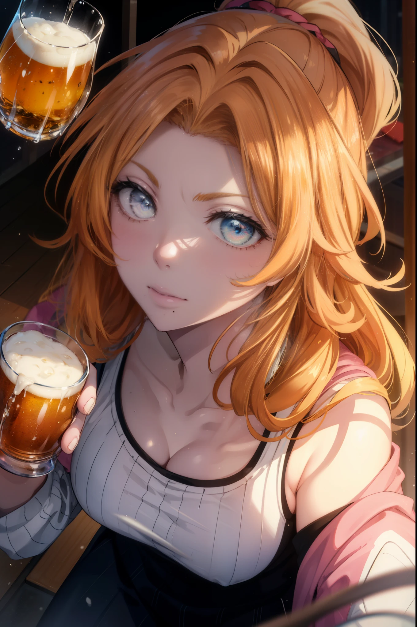 rangikumatsumoto, rangiku matsumoto, long hair, Red-orange hair, mole, mole under mouth, gray eyes,smile,happy atmosphere,mouth open,parted bangs, smile,white off shoulder sweater bare neck,bare clavicle,bare shoulders,black long skirt,There is a large beer mug and food on the table.,drinking party,
break indoors, Izakaya,
break looking at viewer, (cowboy shot:1.5),
break (masterpiece:1.2), highest quality, High resolution, unity 8k wallpaper, (figure:0.8), (detailed and beautiful eyes:1.6), highly detailed face, perfect lighting, Very detailed CG, (perfect hands, perfect anatomy),