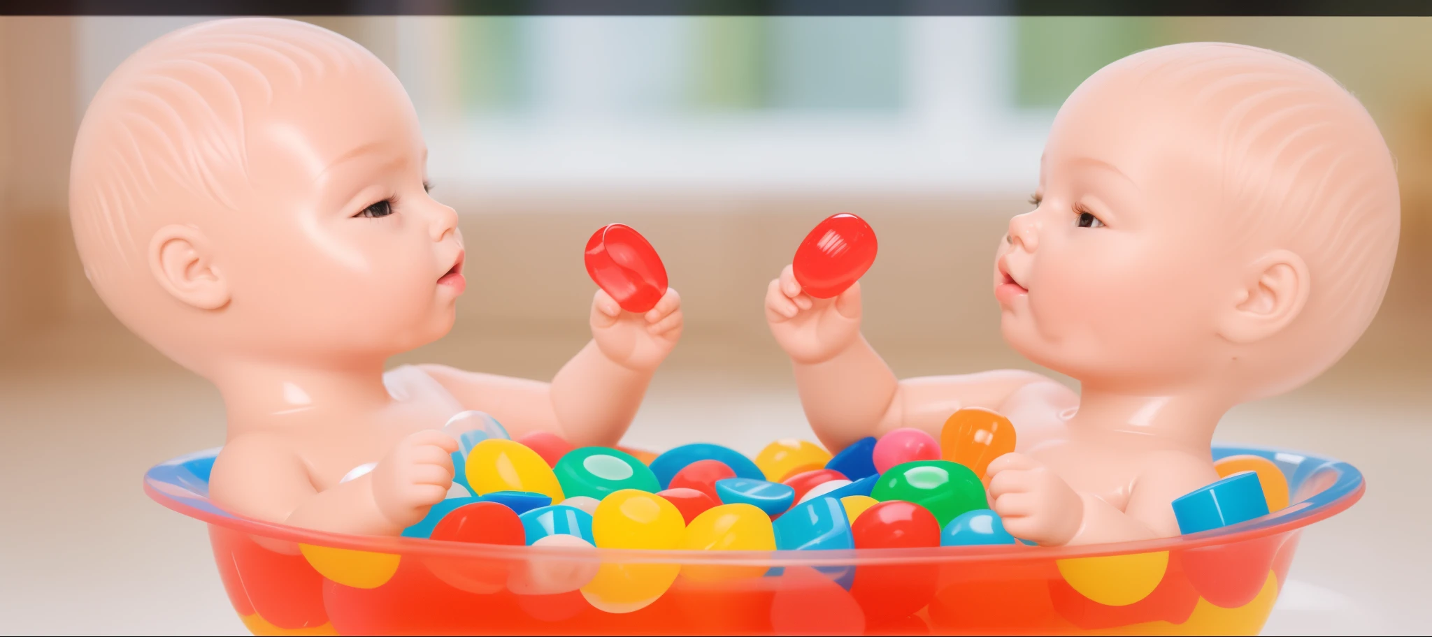 two plastic  dolls are sitting in the bathtub with colorful candies, lollipops, the dolls have red candies in their hands, bright lighting, high quality, high resolution, realistic style, realistic texture, beautiful glare, plastic twin dolls. high-quality render, multiple light sources, rim light, sharp post-effects rendering, (glossy plastic texture with many large light probe refractions), perfect CG, CG created with gradients only, smooth silhouette, high intensity refraction, (super glossy plastic material ), the most beautiful vfx, plastic refraction 