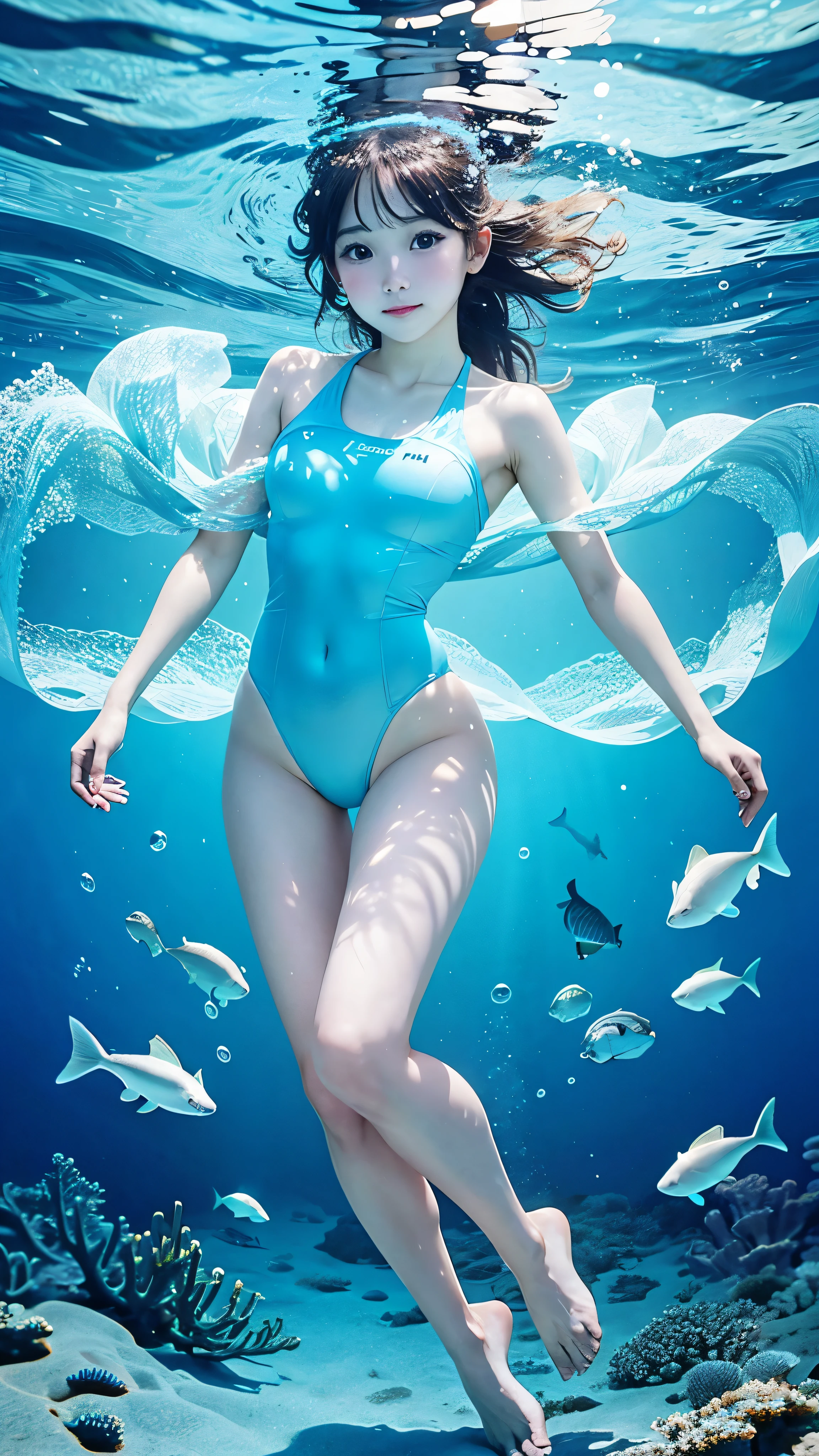 Underwater photography in the sea, beautiful girl, full body photo, Light blue swimsuit、