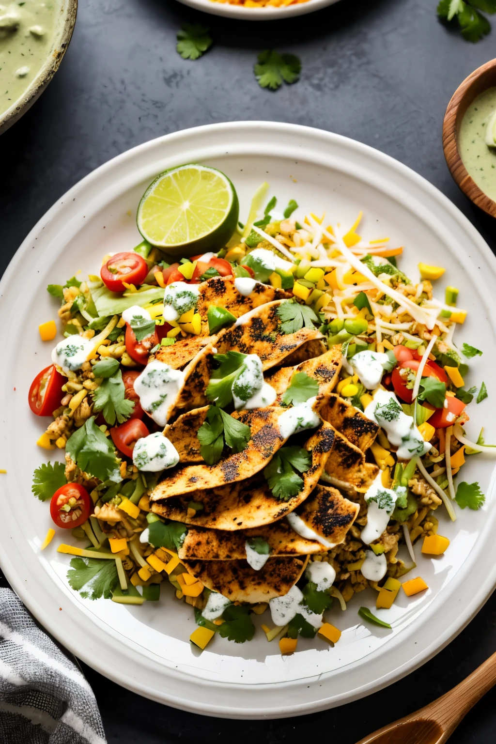 RAW photo in sequence, an image of a plate loaded with Chicken Taco Salad with Creamy Lime-Cilantro Dressing.
((Foto do prato total, satisfeito))
Detalhes de vegetais frescos, carne de galinha coberta, queijo rapado, slipped grains, arroz, folha de taco, cebola, pimenta.
Detalhes de fundo pouco desfocados, luzes naturais, HDR, foto realista, alta qualidade, 8k UHD, filmic grain