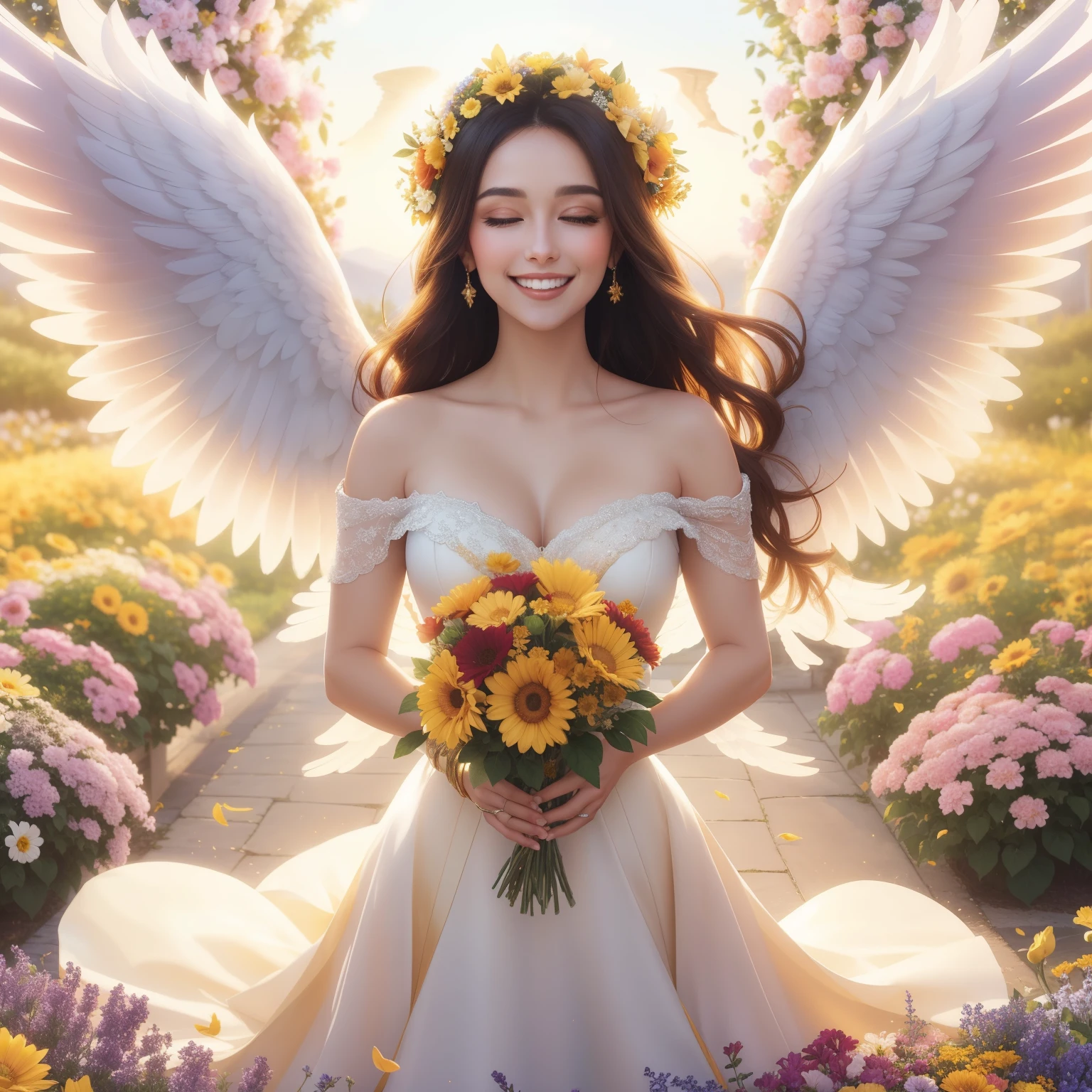 A sublime, ethereal masterpiece of an angel, wings outstretched with a gentle smile gracing its lips, bathed in the golden hues of a radiant flower garden in heaven. The angel's celestial form radiates love and joy, emanating a warm, inviting light that seems to lift the heavy hearts of everyone who gazes upon it. In this moment, all burdens are lifted, and everyone leaps with joy, their faces alight with pure happiness as they celebrate the endless love and beauty that surrounds them. The vibrant petals of the flowers burst with rich colors, adding to the seamless harmony of this rejuvenating and breathtaking scene.