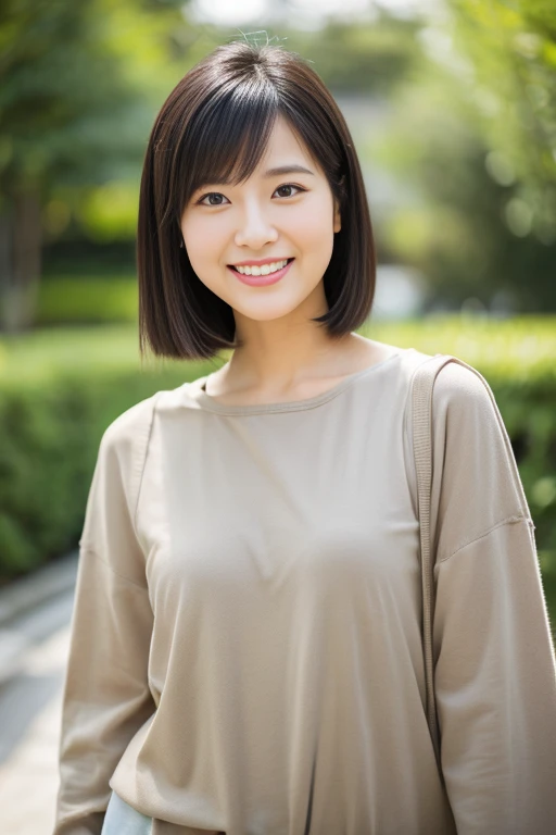 Cute Japanese woman with a short cut walking in the park feeling the flower petals in the spring breeze、confetti、Photoreal、detailed and beautiful eyes、hyper realism、high contrast、ultra hd、realistic skin texture、best image quality、highest quality、超A high resolution、small details、very politely