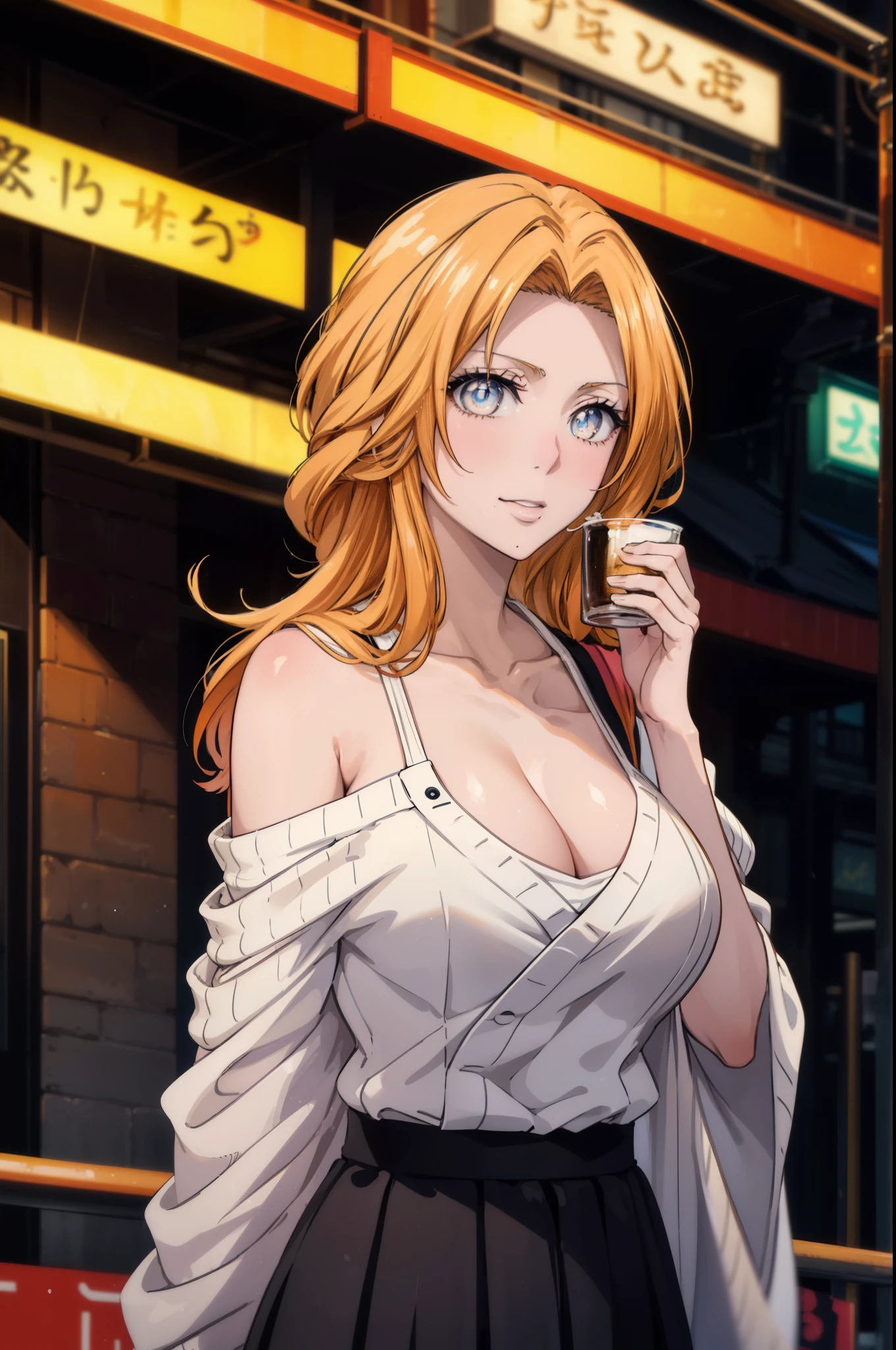 rangikumatsumoto, rangiku matsumoto, long hair, Red-orange hair, mole, mole under mouth, gray eyes,smile,happy atmosphere,mouth open,parted bangs, smile,white off shoulder sweater bare neck,bare clavicle,bare shoulders,black long skirt,There is a large beer mug and food on the table.,drinking party,
break indoors, Izakaya,
break looking at viewer, (cowboy shot:1.5),
break (masterpiece:1.2), highest quality, High resolution, unity 8k wallpaper, (figure:0.8), (detailed and beautiful eyes:1.6), highly detailed face, perfect lighting, Very detailed CG, (perfect hands, perfect anatomy),