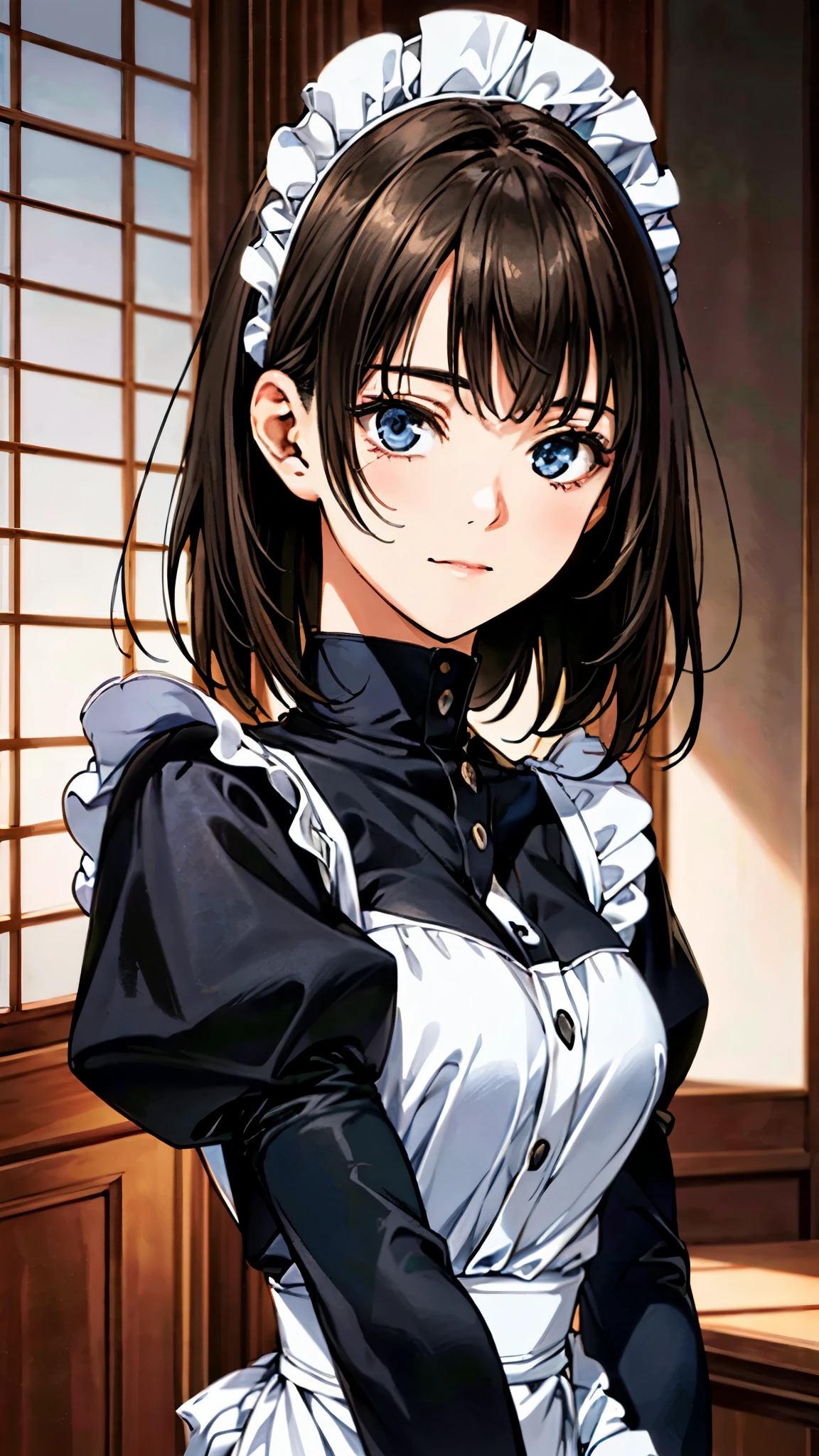 (masterpiece:1.2, top-quality, ultra high res, ultra detailed), (realistic, photorealistic:1.4), beautiful illustration, (natural side lighting, movie lighting), depth of fields, colorful,
looking at viewer, (face focus, upper body), 1 girl, japanese, maid, 20 years old, expressive eyes,perfect eyes, perfect face, (perfect anatomy), cute and symmetrical face, baby face, 
(short hair:1.2, straight hair:1.2, brown hair), bangs, blue eyes, long eye lasher, (medium breasts), perfect balance, white skin, shiny skin, slender, 
beautiful hair, beautiful face, beautiful detailed eyes, beautiful clavicle, beautiful body, beautiful chest, beautiful thigh, beautiful legs, 
((detailed cloth texture, black shirt, puffy sleeves, long sleeves, closed clotheaid headdress), 
(beautiful scenery), evening, (inside mansion), standing, (light smile:0.3, innocent big eyes:1.0, closed mouth), 