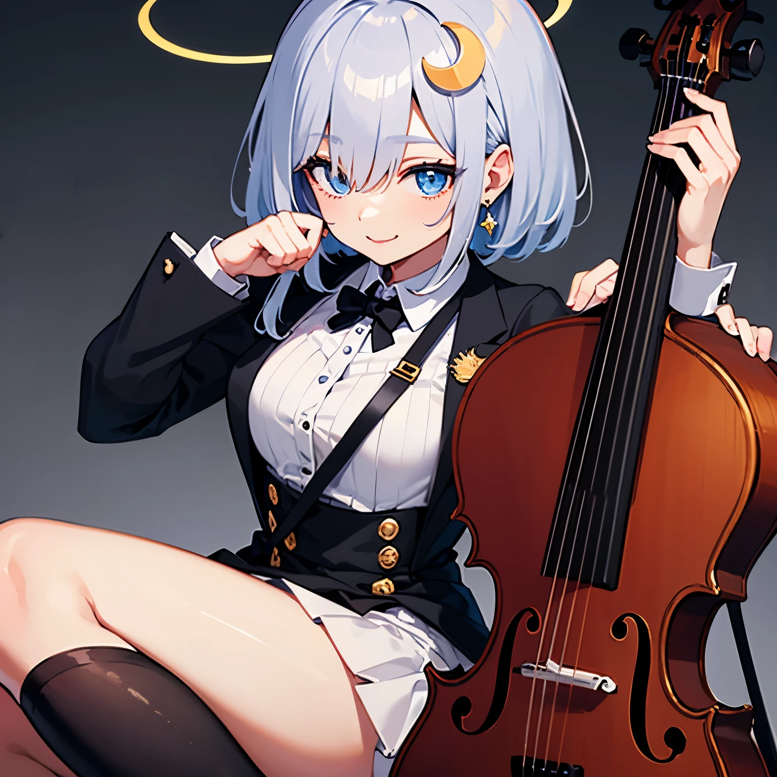 silver hair, hair over one eye, halo, crescent hair ornament, crescent earrings, smile, Men's suits, long skirt, Cello, Asymmetrical stockings, blue eyes, individual, short hair, Long hair on the temples, a girl, Seraphim, Kotoyumi, Cover your hair, Single portrait, Surrealism, anime style, 8k, super detail, UHD, best quality, highres