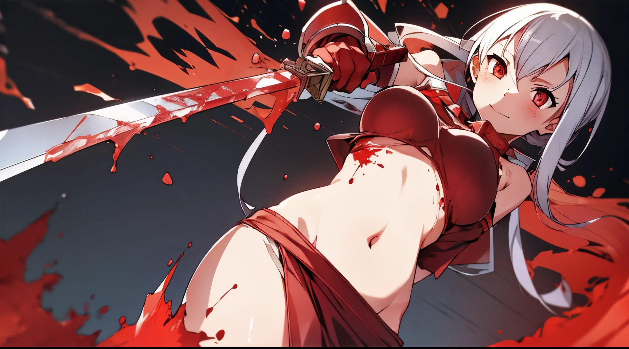 girl 1, belly button, big breasts, Queen, bullying, holding a severed head, red fluid on body, red liquid on armor, belly buttonについた赤い液, Red fluid on my chest, expensive, long sword, slashing sword, red liquid splashing, belly buttonについた赤い液 , red liquid on belly, gun, knife, sword, war, underwear, kill, cut off the head, shot from below, sensual, There's blood on my chest, smile, holding a dead person's head, grabbing a man's neck