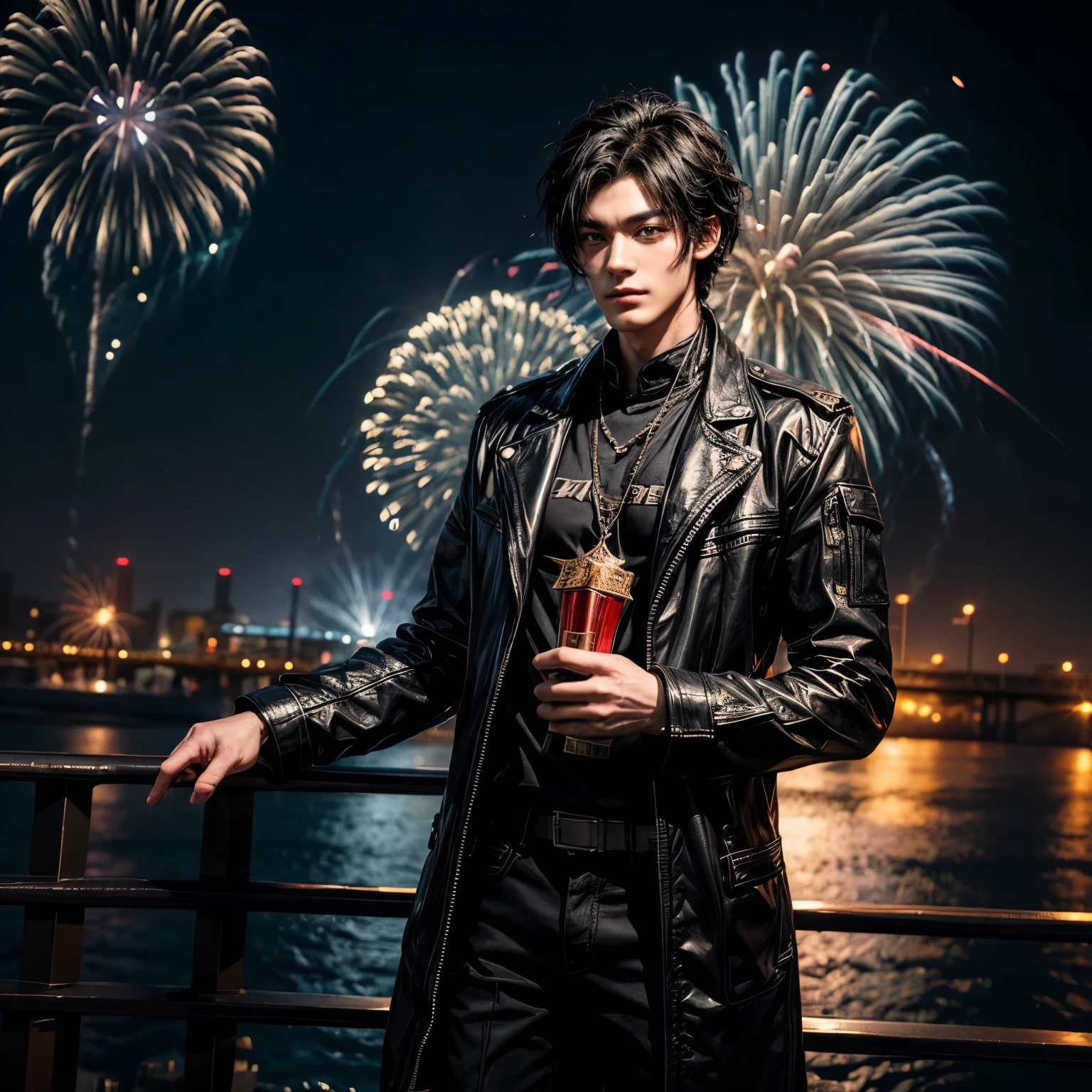 1 man black hair the name is zayne like character from game love and deepspace., looking at festival fireworks. 